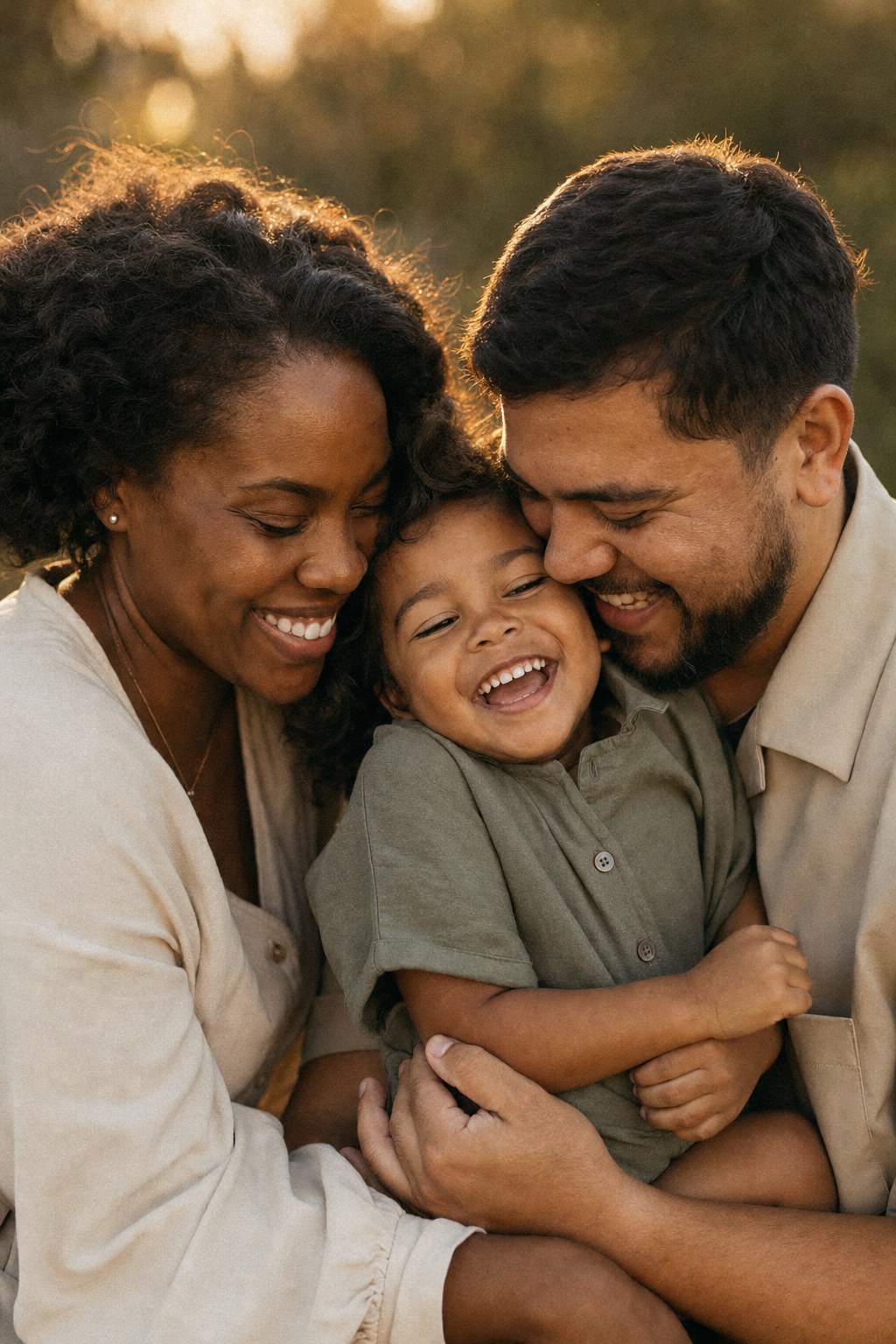 Parents cuddling their laughing child at golden hour