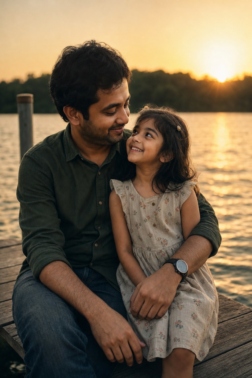Parent and child by a sunlit lake