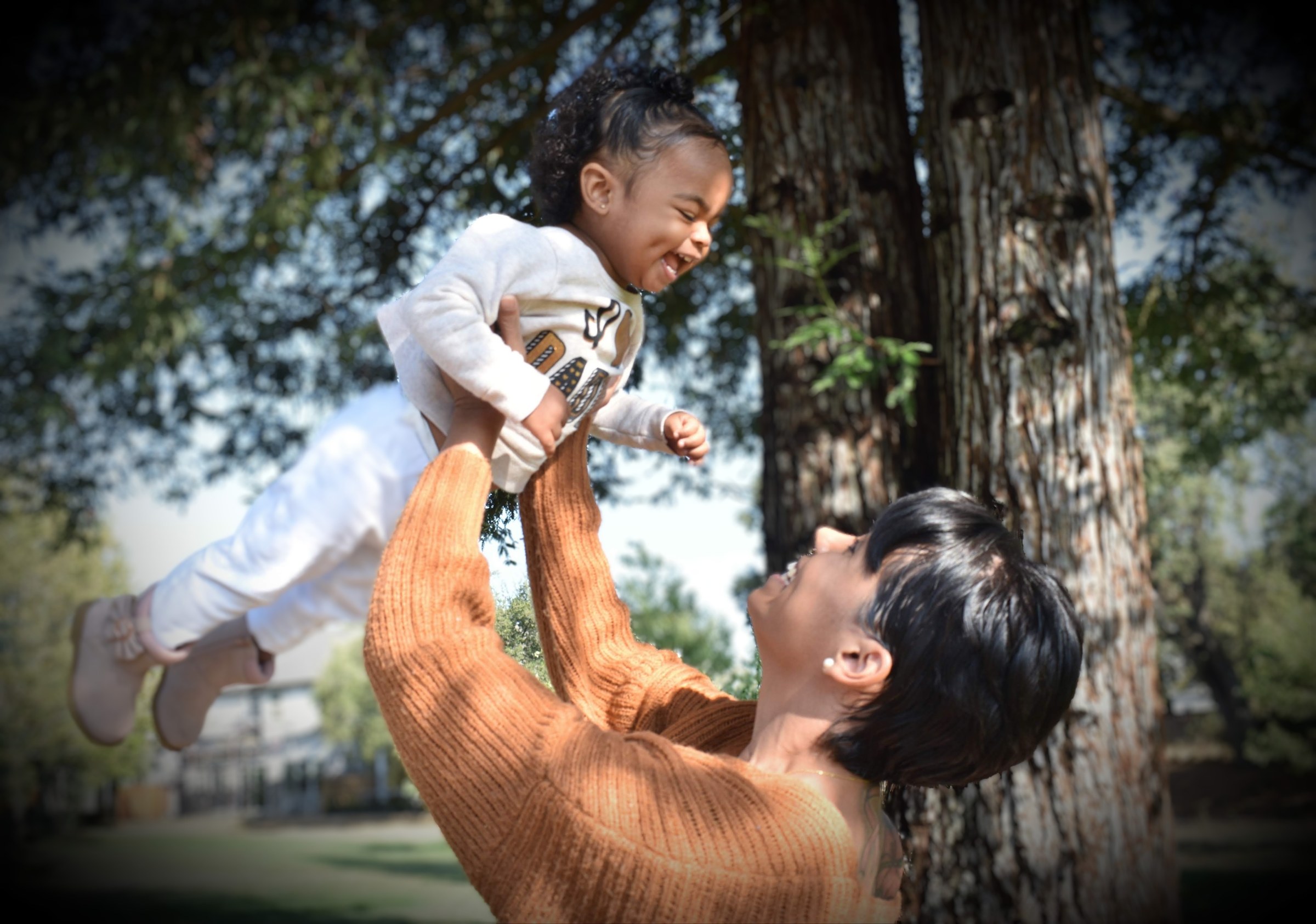 A parent lifting a laughing toddler beneath a tree
