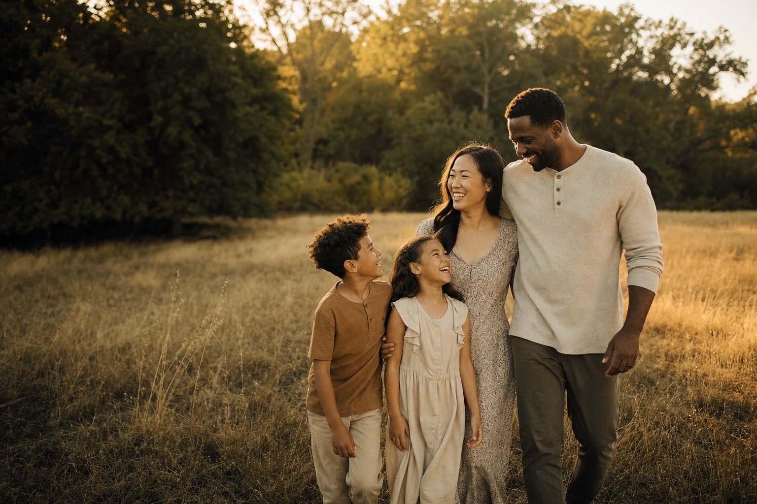 Family walking together through a golden Northern California field
