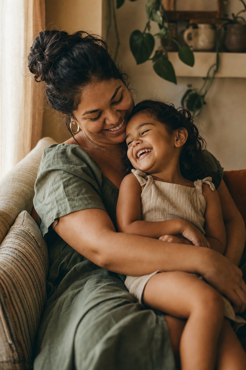 Mother cuddling her laughing daughter