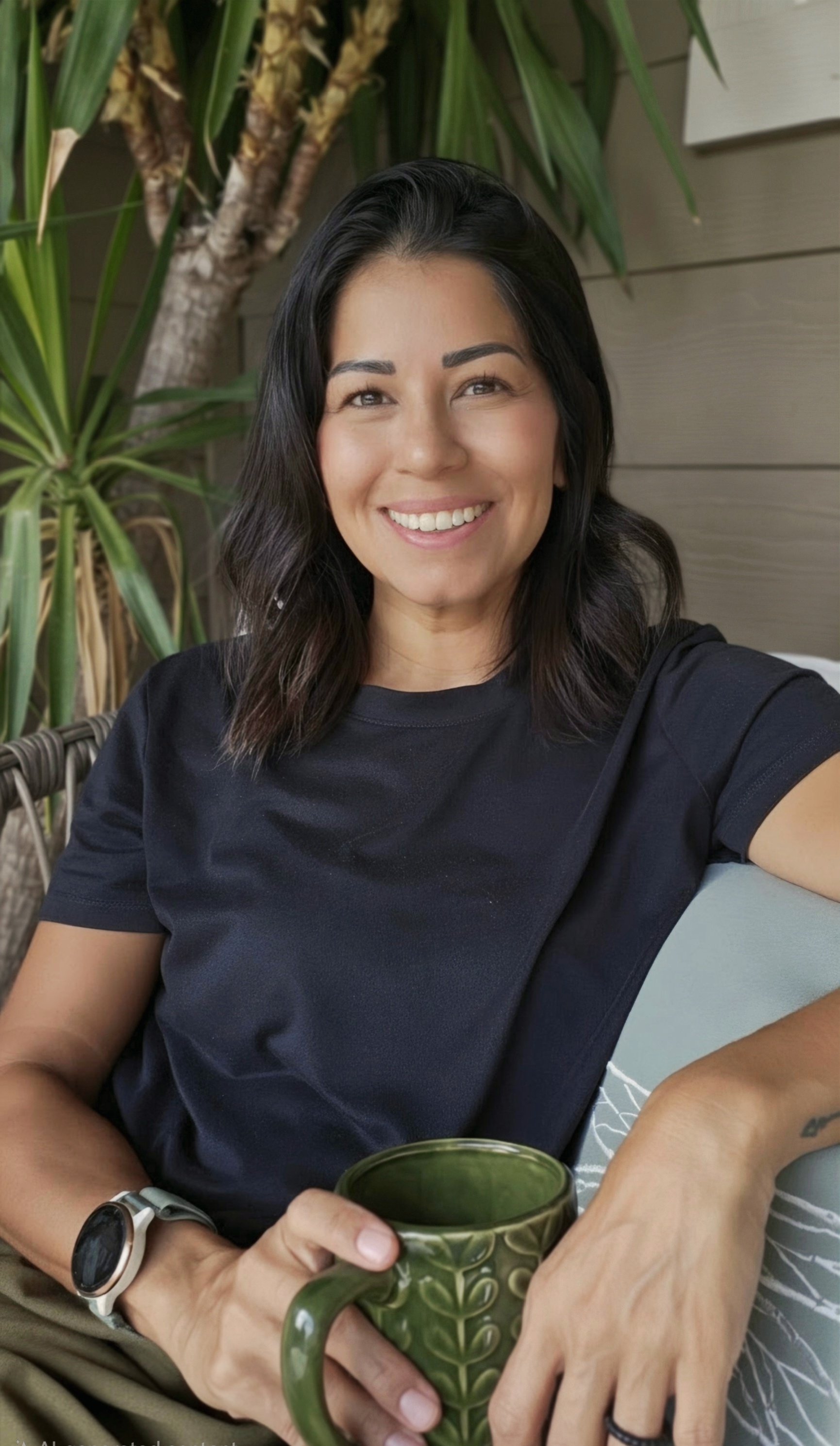 Roxanne seated in a chair holding a green coffee mug
