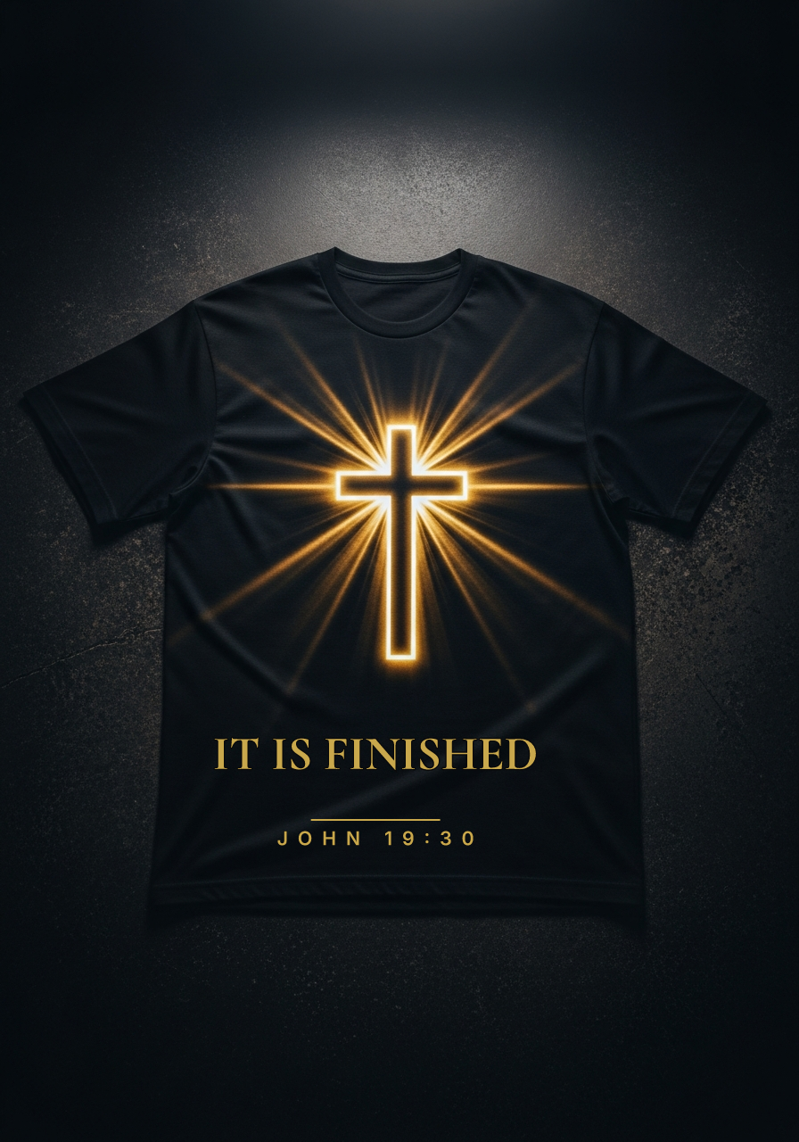 "It Is Finished" Cross Tee faith-based apparel
