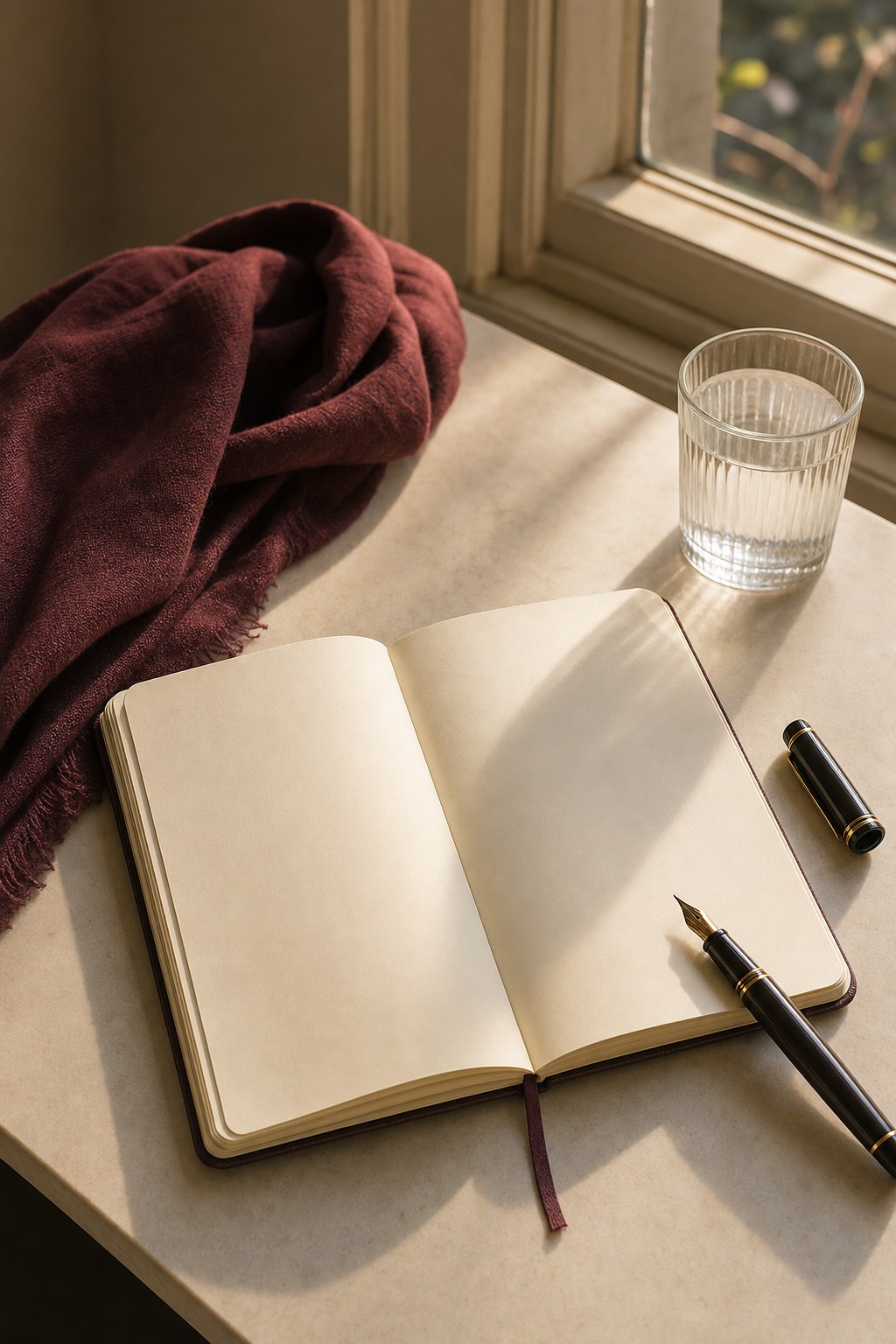 Open blank journal and fountain pen in warm window light