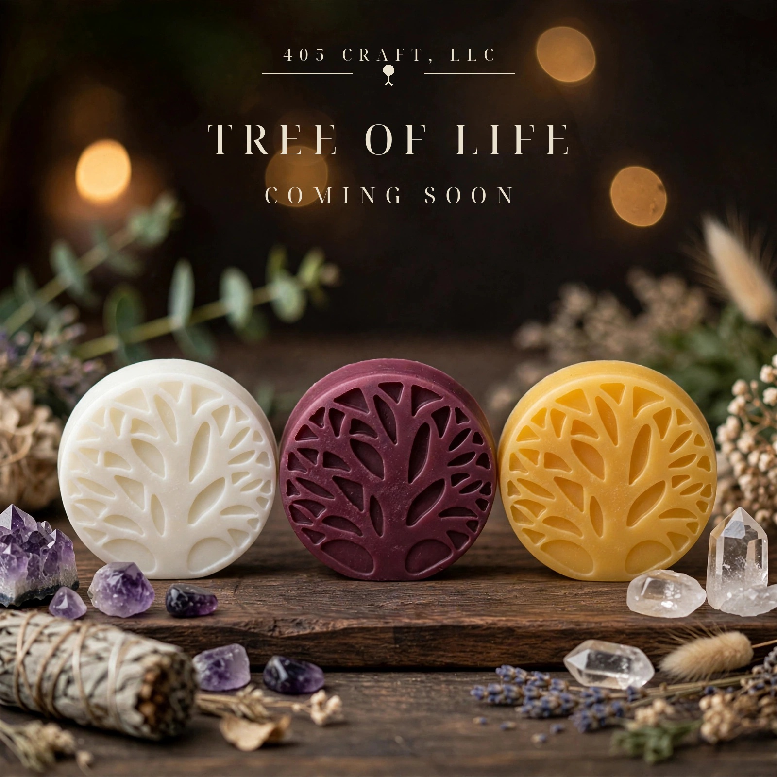 Tree of Life coming soon, three round wax melts with sculpted tree designs in white, purple, and yellow