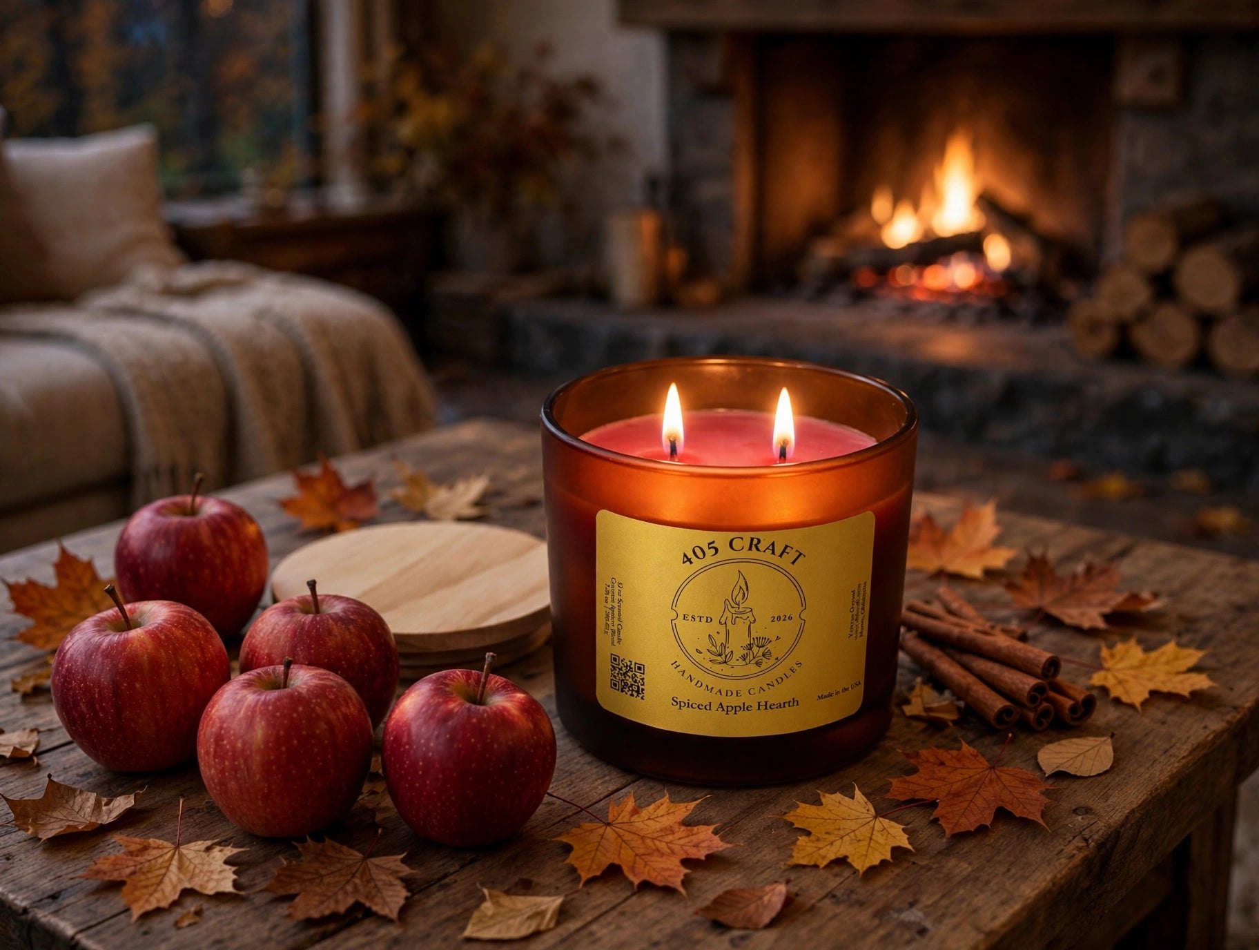 Spiced Apple Hearth candle glowing in an amber glass vessel
