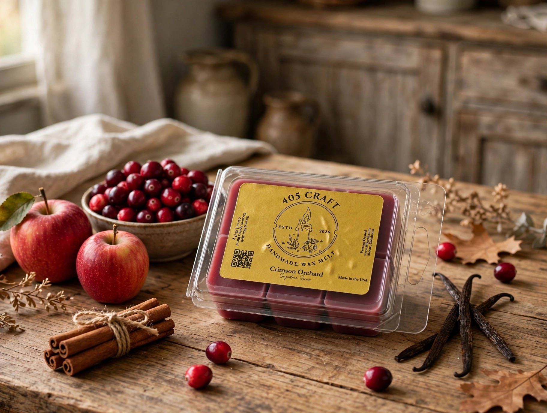 Crimson Orchard handmade wax melts in a warm home fragrance setting