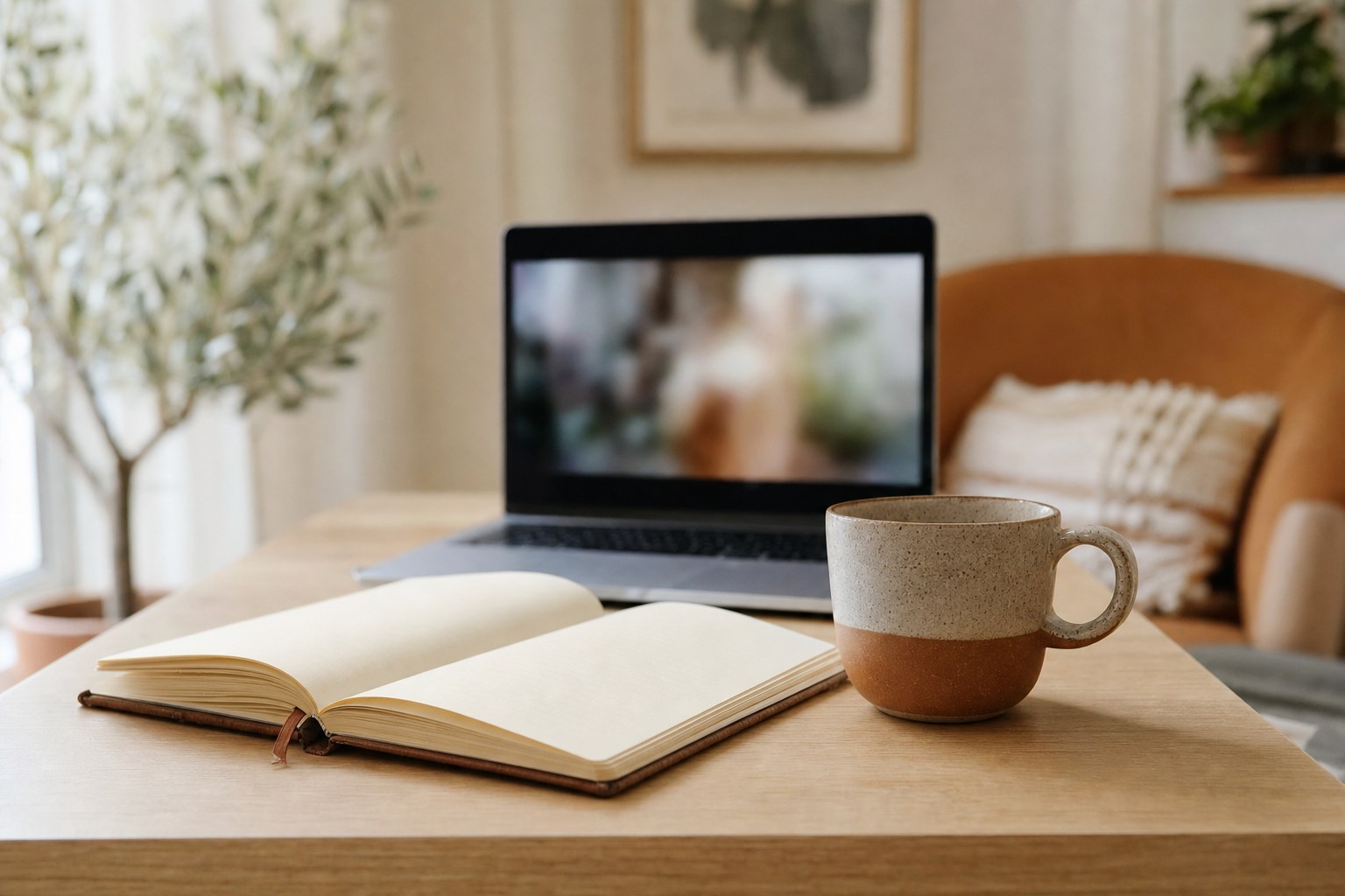 Quiet home workspace ready for a private telehealth session