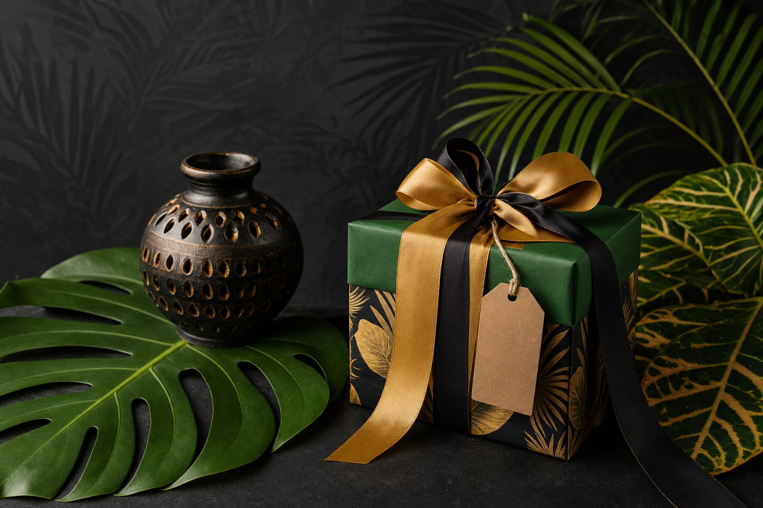 Wrapped green and gold gift beside tropical leaves