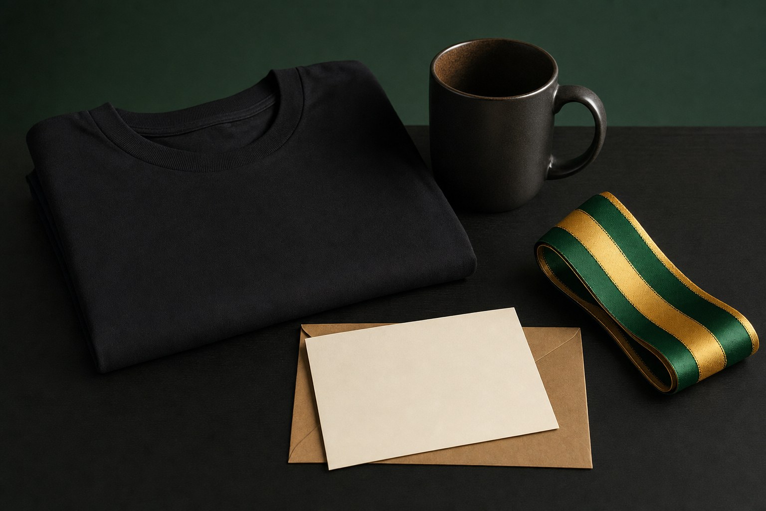 Folded black tee, ceramic mug, ribbon, and blank card arranged as a gift