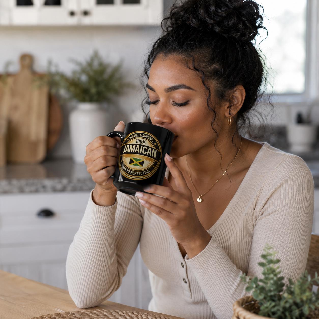 15oz Black Ceramic Jamaican Flag Mug, Authentic Heritage Coffee Cup, product view 2