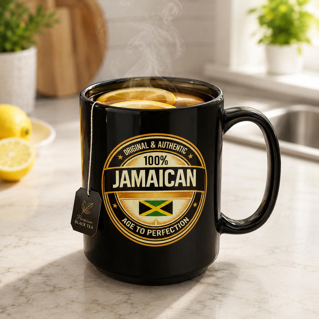 15oz Black Ceramic Jamaican Flag Mug, Authentic Heritage Coffee Cup, product view 4