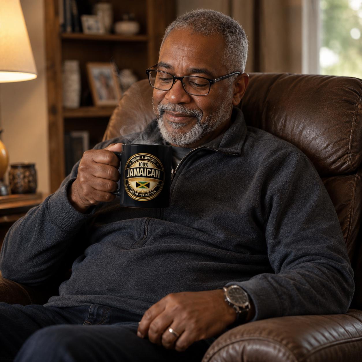 15oz Black Ceramic Jamaican Flag Mug, Authentic Heritage Coffee Cup, product view 6