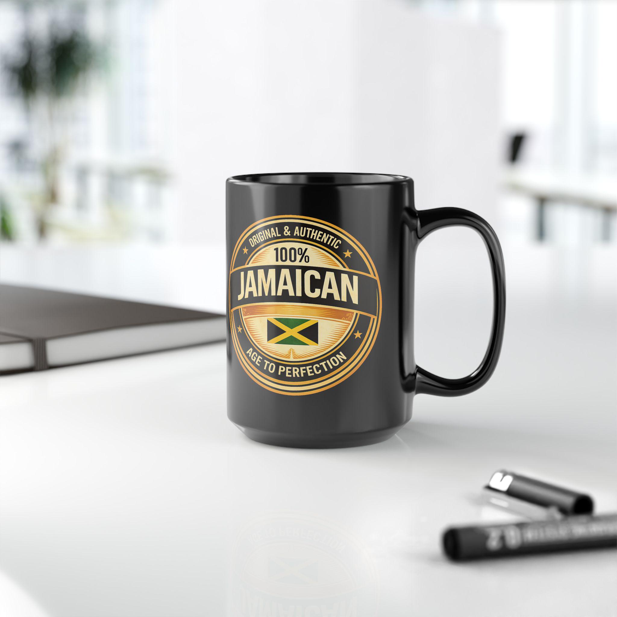 15oz Black Ceramic Jamaican Flag Mug, Authentic Heritage Coffee Cup, product view 7