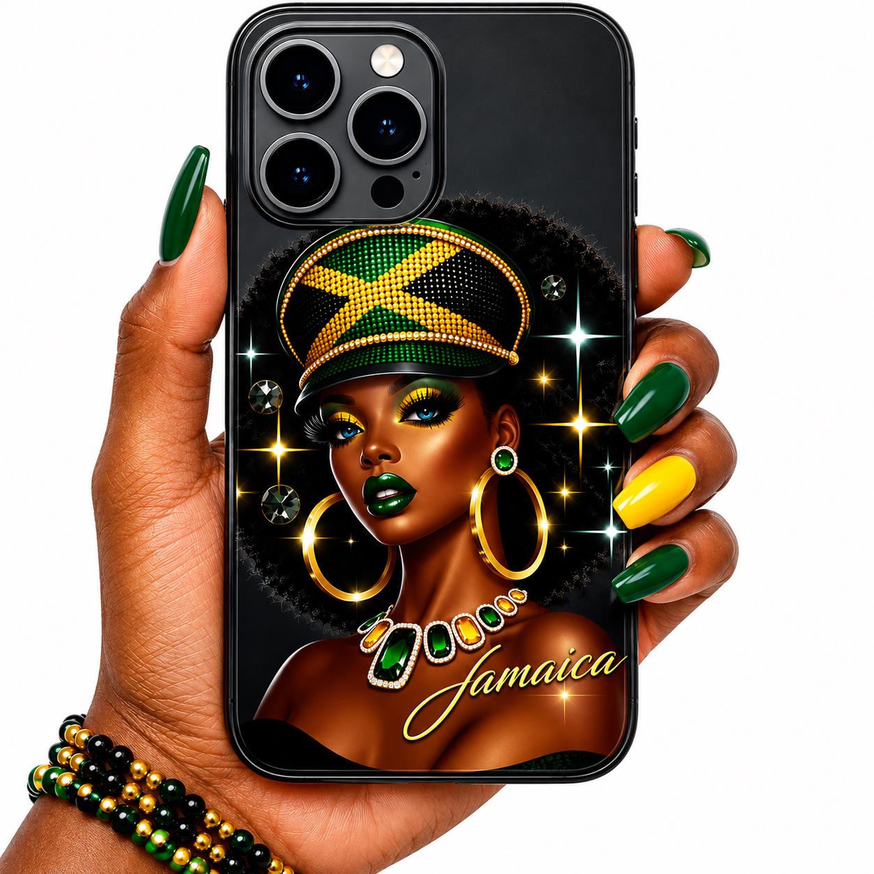 Jamaican Queen Afro Art Phone Case, Black Woman Glossy Protective Cover For iPhone and Samsung.