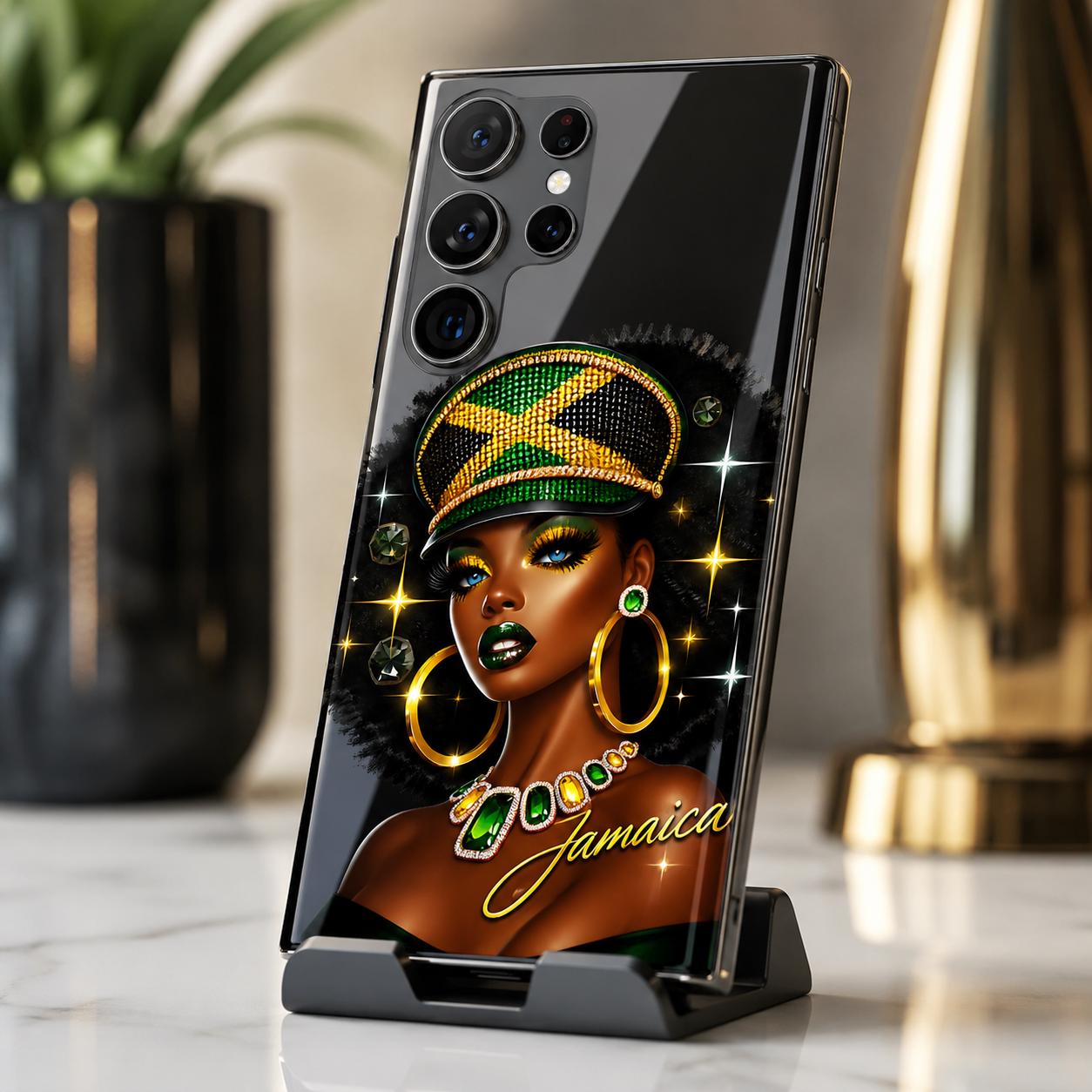 Jamaican Queen Afro Art Phone Case, Black Woman Glossy Protective Cover For iPhone and Samsung., product view 2