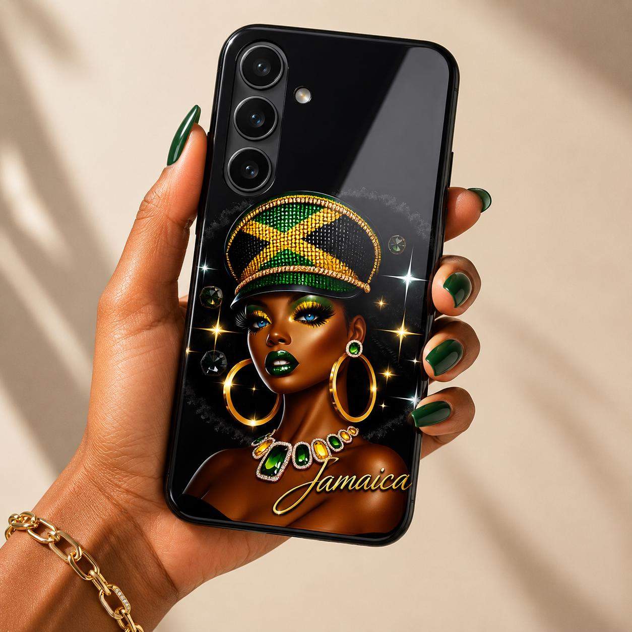Jamaican Queen Afro Art Phone Case, Black Woman Glossy Protective Cover For iPhone and Samsung., product view 5