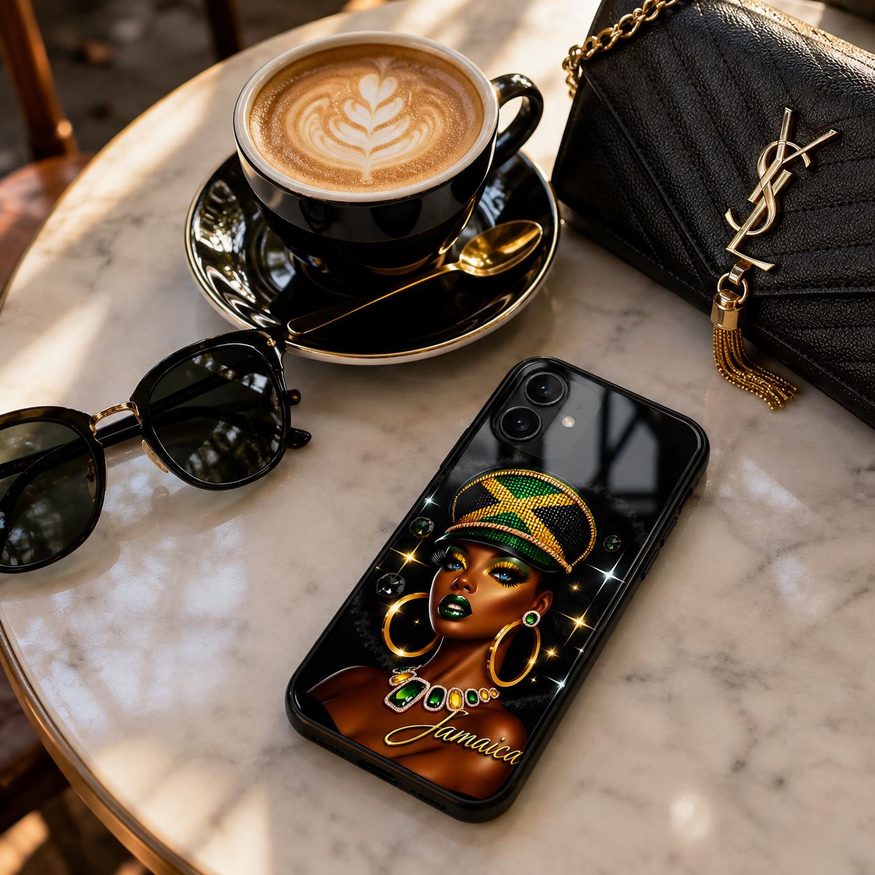 Jamaican Queen Afro Art Phone Case, Black Woman Glossy Protective Cover For iPhone and Samsung., product view 6