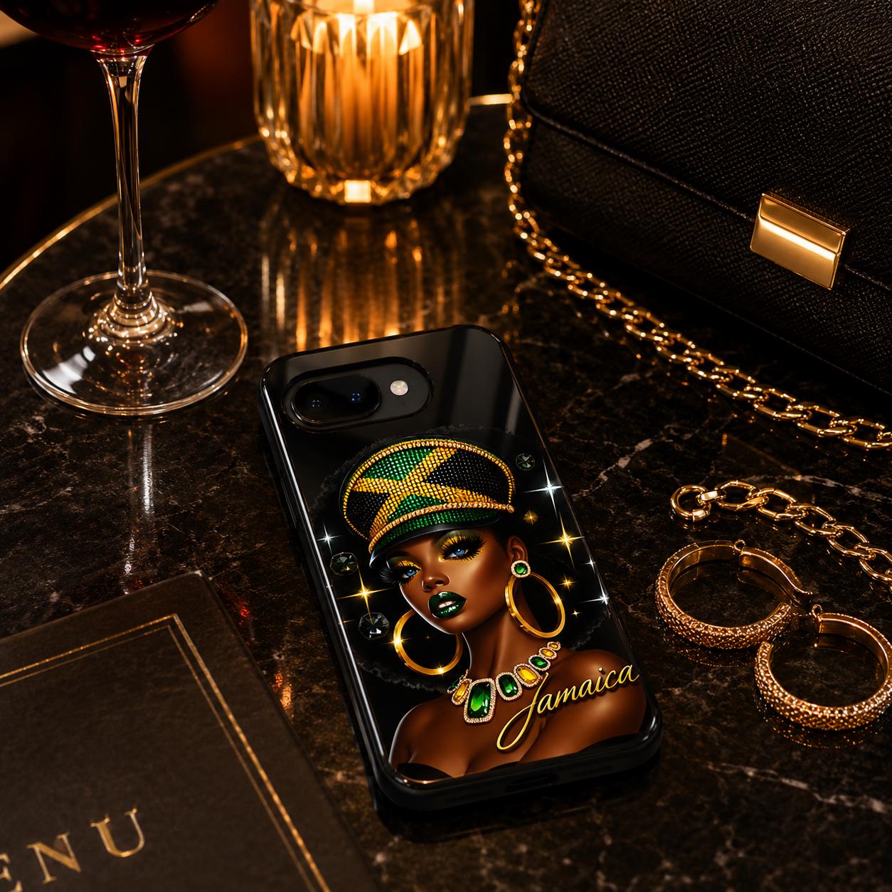 Jamaican Queen Afro Art Phone Case, Black Woman Glossy Protective Cover For iPhone and Samsung., product view 8