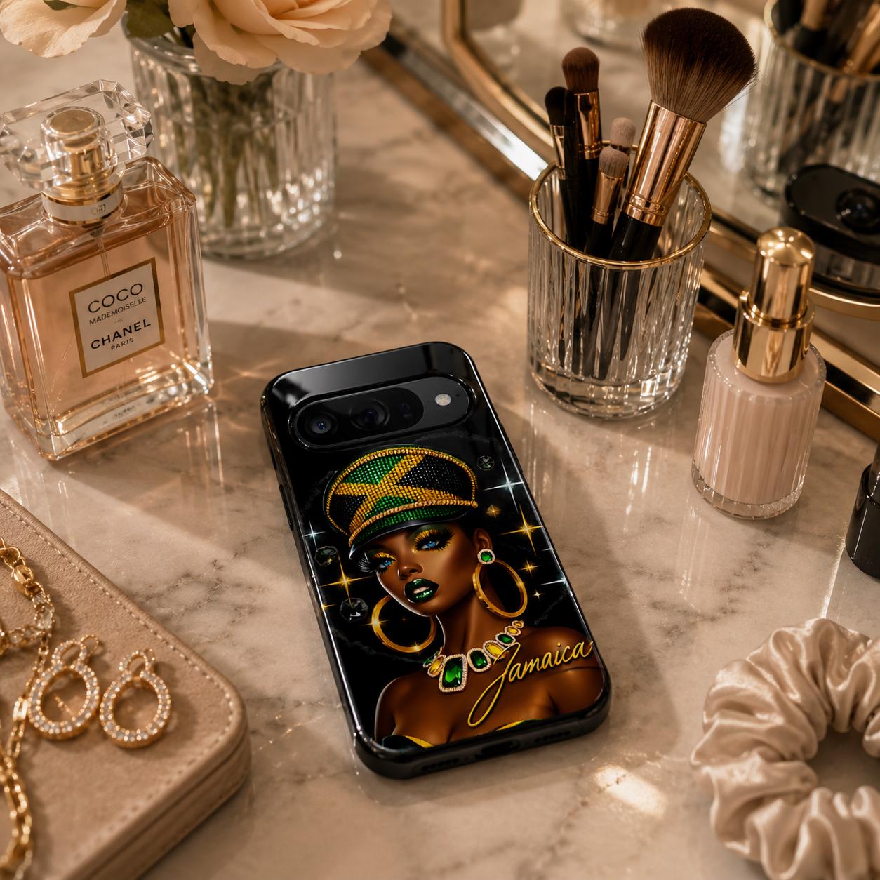 Jamaican Queen Afro Art Phone Case, Black Woman Glossy Protective Cover For iPhone and Samsung., product view 9