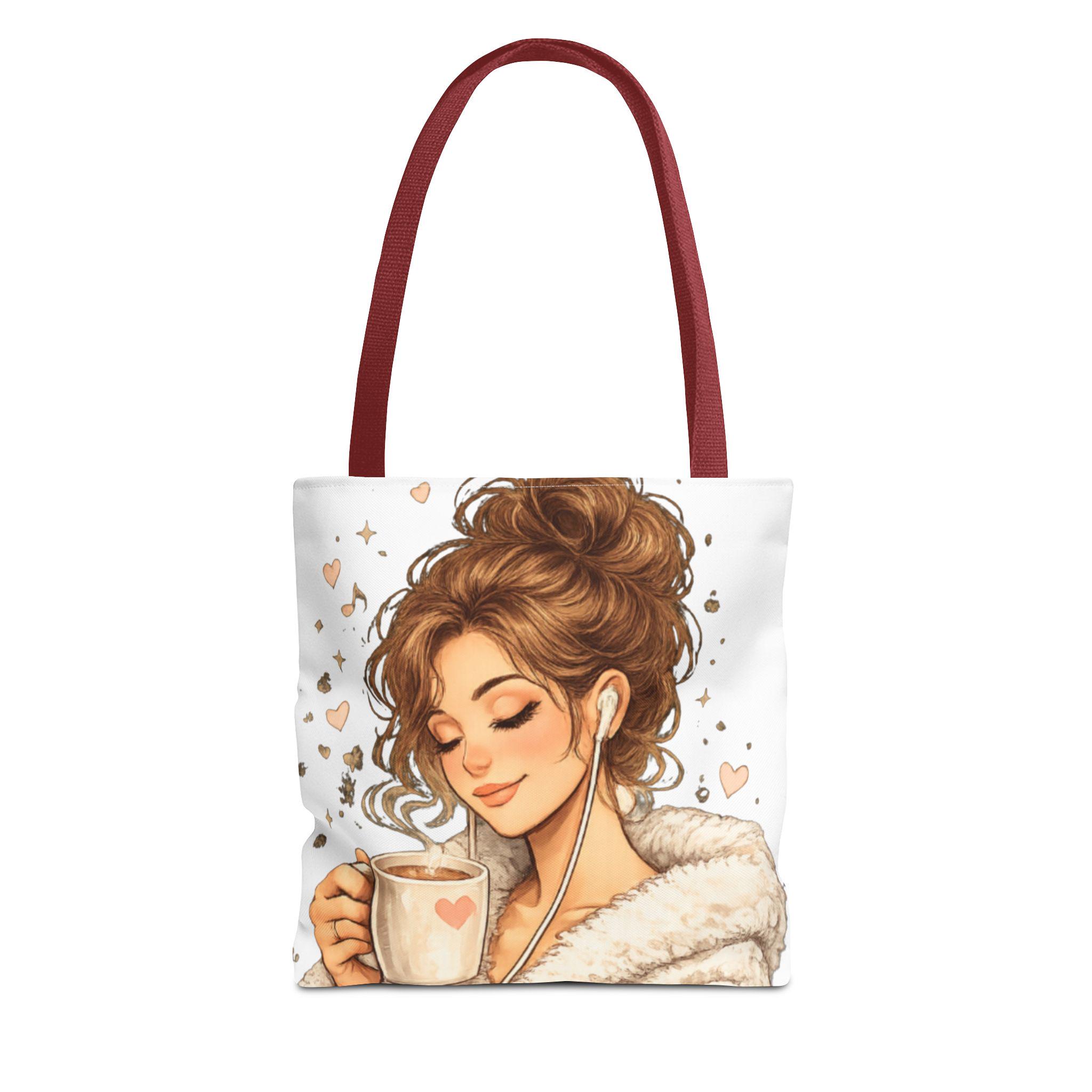 Cozy Coffee Lover Girl Tote Bag, Canvas Shoulder Sack, Heart Graphic Purse Carry all bag