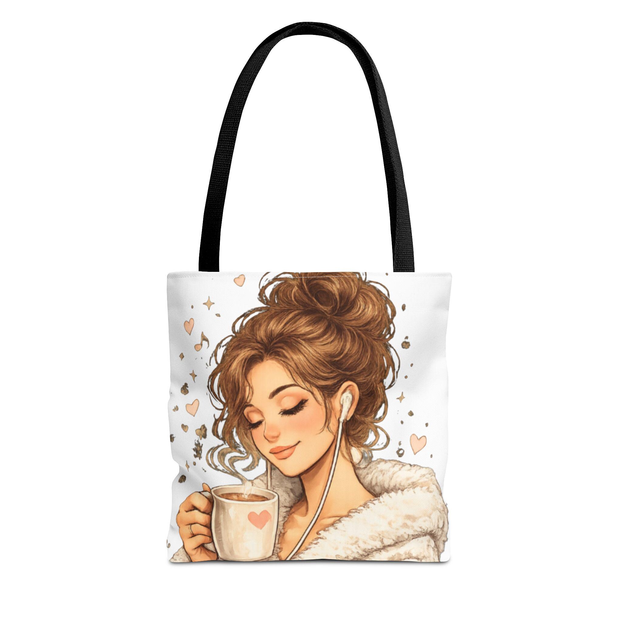 Cozy Coffee Lover Girl Tote Bag, Canvas Shoulder Sack, Heart Graphic Purse Carry all bag, product view 3