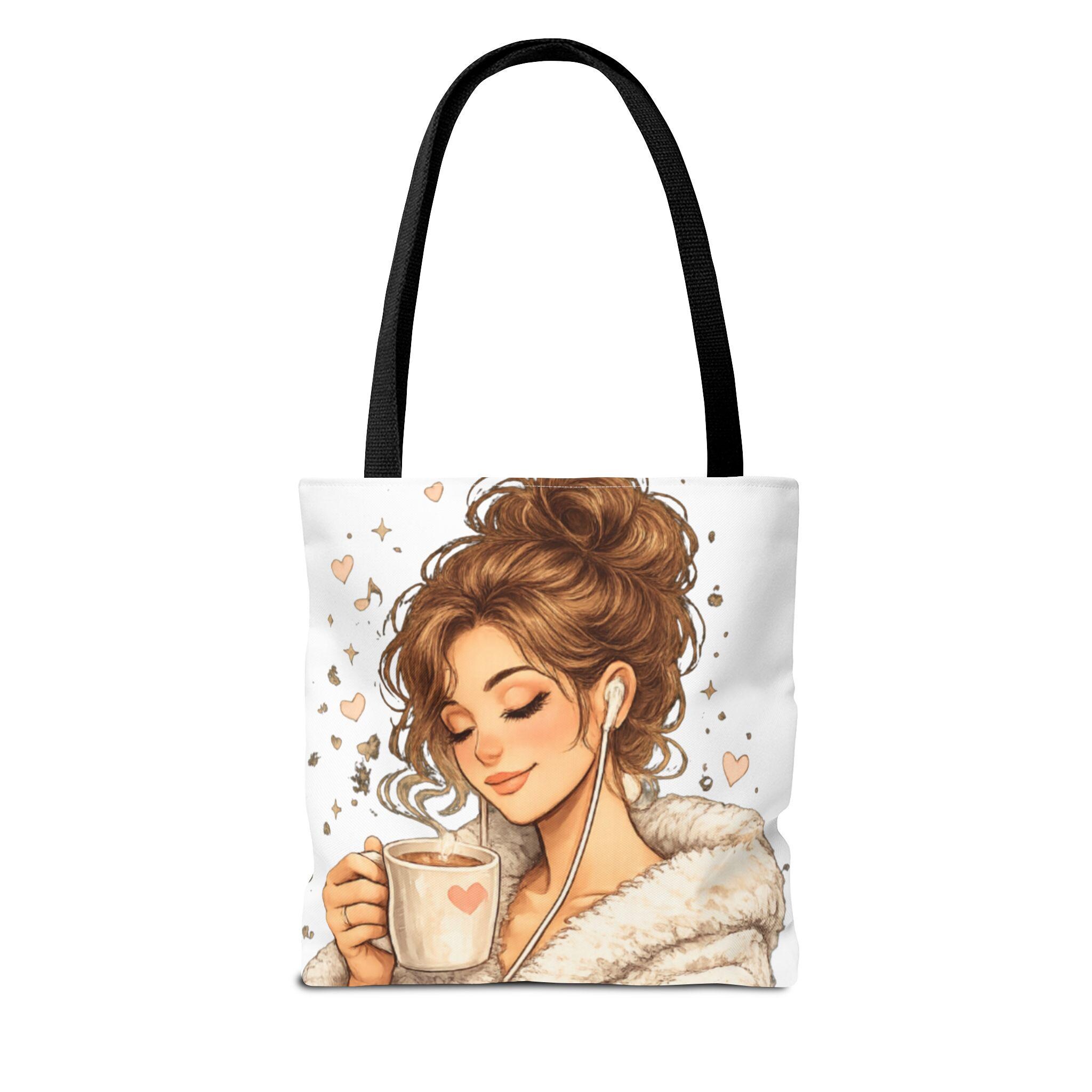 Cozy Coffee Lover Girl Tote Bag, Canvas Shoulder Sack, Heart Graphic Purse Carry all bag, product view 4