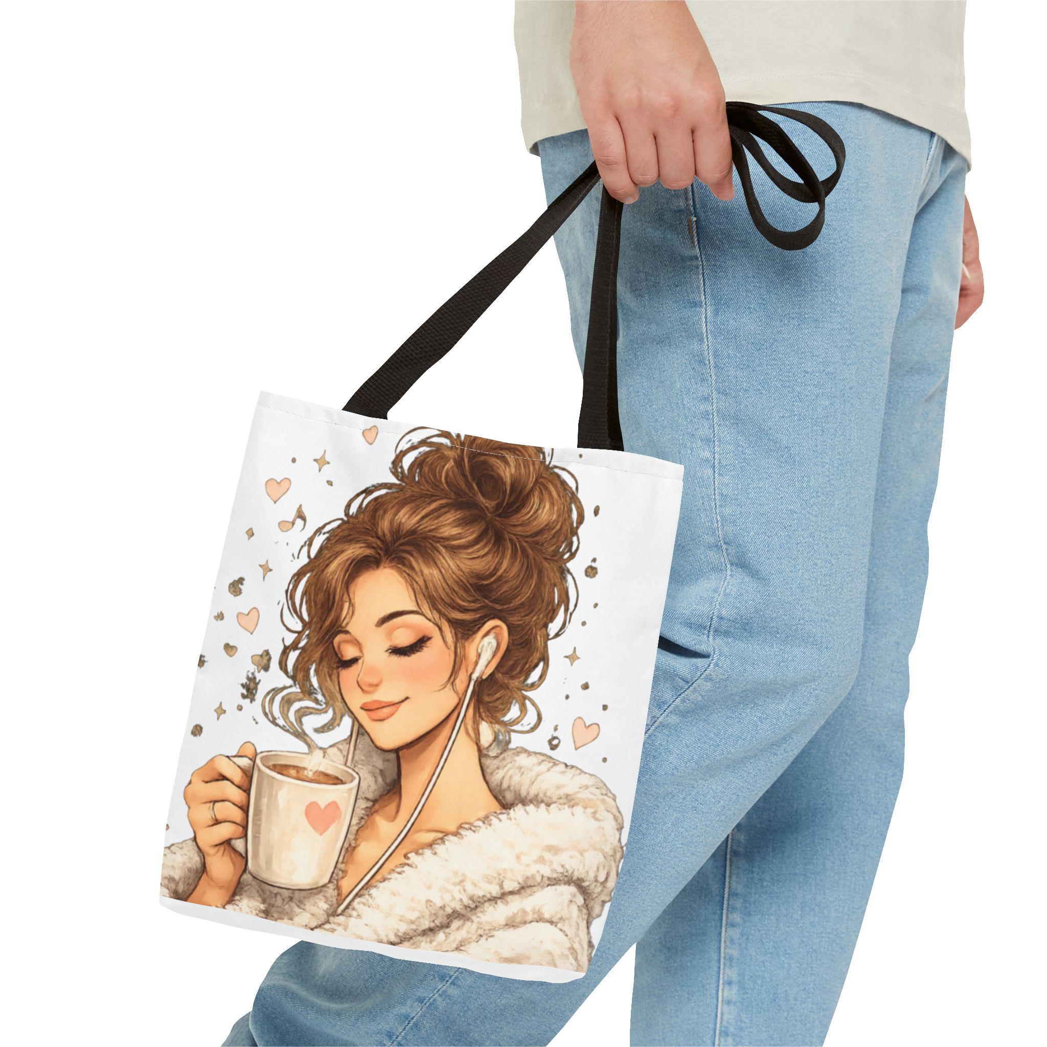 Cozy Coffee Lover Girl Tote Bag, Canvas Shoulder Sack, Heart Graphic Purse Carry all bag, product view 5