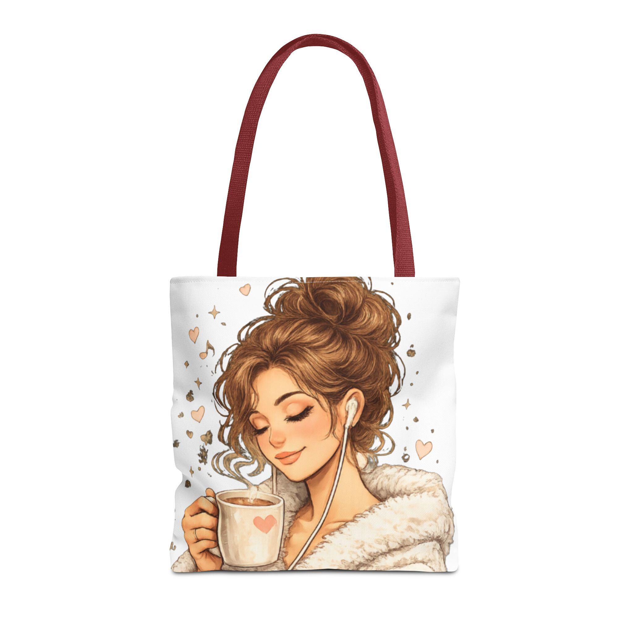 Cozy Coffee Lover Girl Tote Bag, Canvas Shoulder Sack, Heart Graphic Purse Carry all bag, product view 6