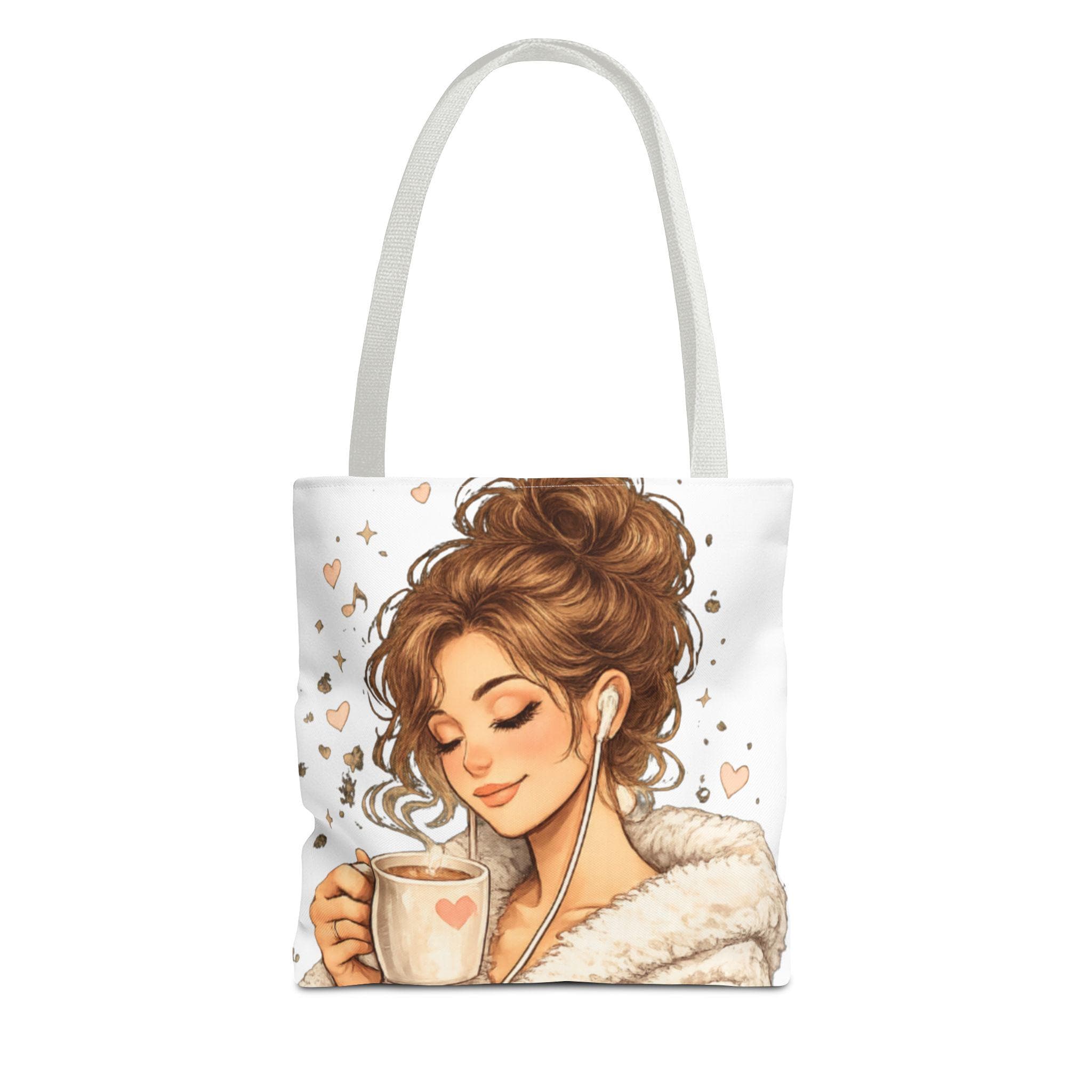 Cozy Coffee Lover Girl Tote Bag, Canvas Shoulder Sack, Heart Graphic Purse Carry all bag, product view 8