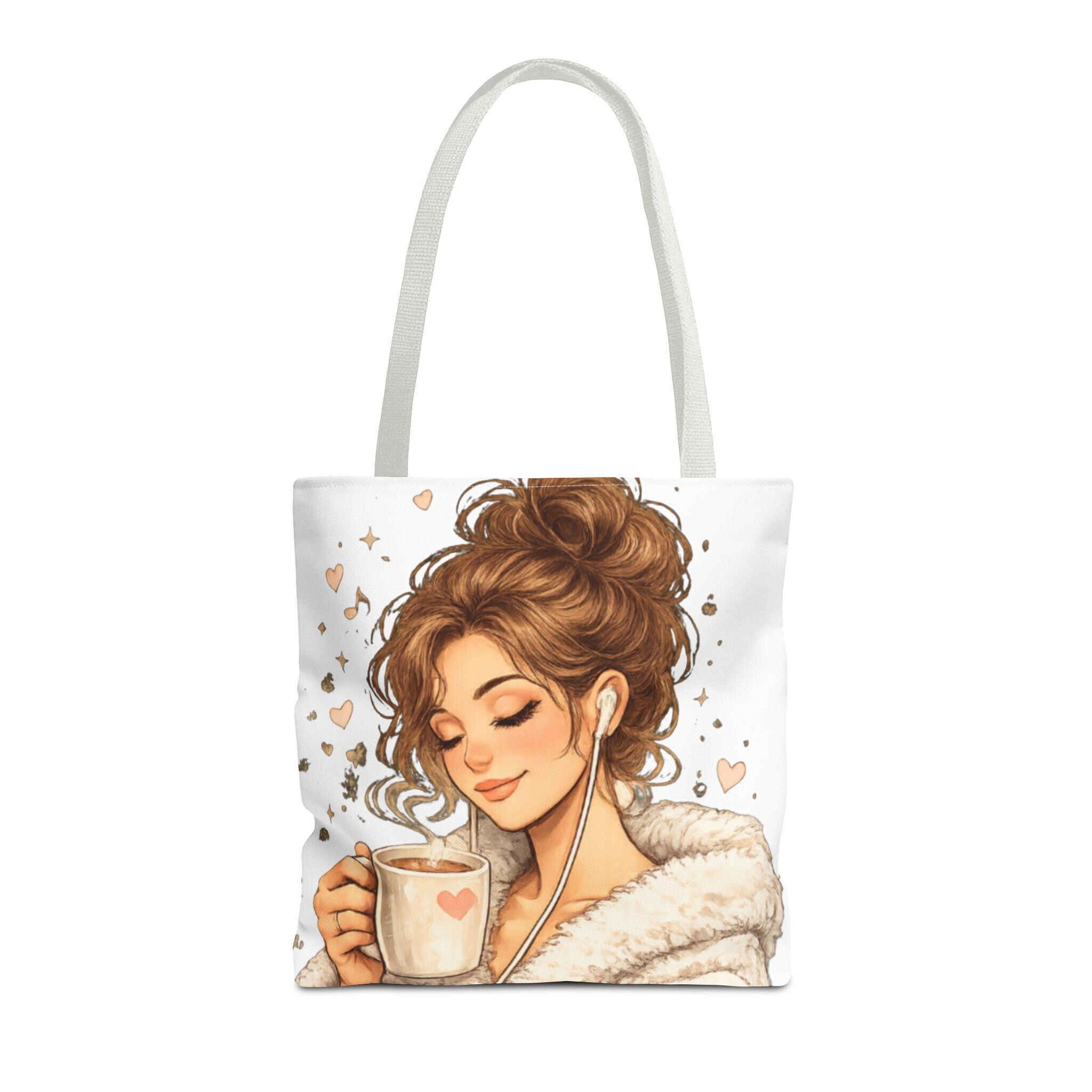 Cozy Coffee Lover Girl Tote Bag, Canvas Shoulder Sack, Heart Graphic Purse Carry all bag, product view 9