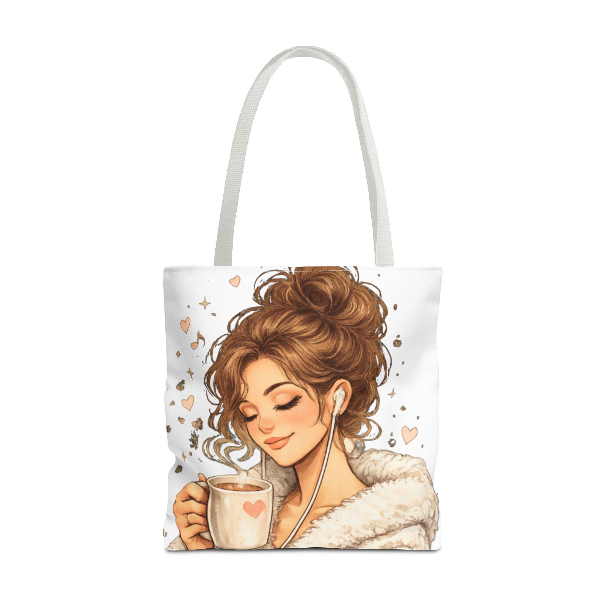 Cozy Coffee Lover Girl Tote Bag, Canvas Shoulder Sack, Heart Graphic Purse Carry all bag, product view 10