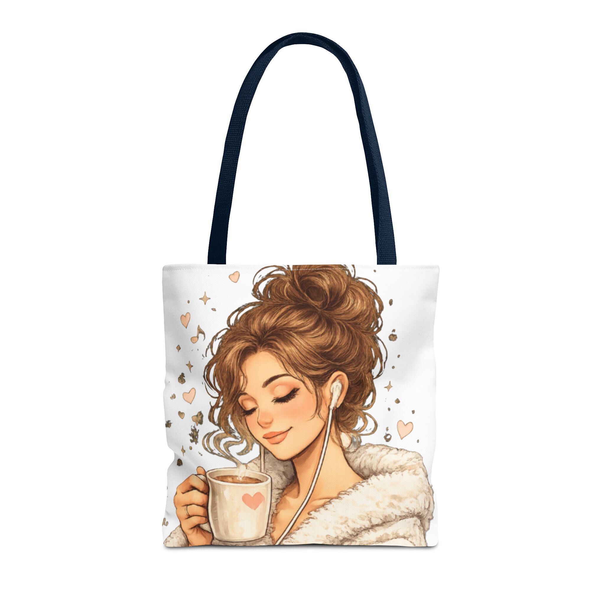 Cozy Coffee Lover Girl Tote Bag, Canvas Shoulder Sack, Heart Graphic Purse Carry all bag, product view 12