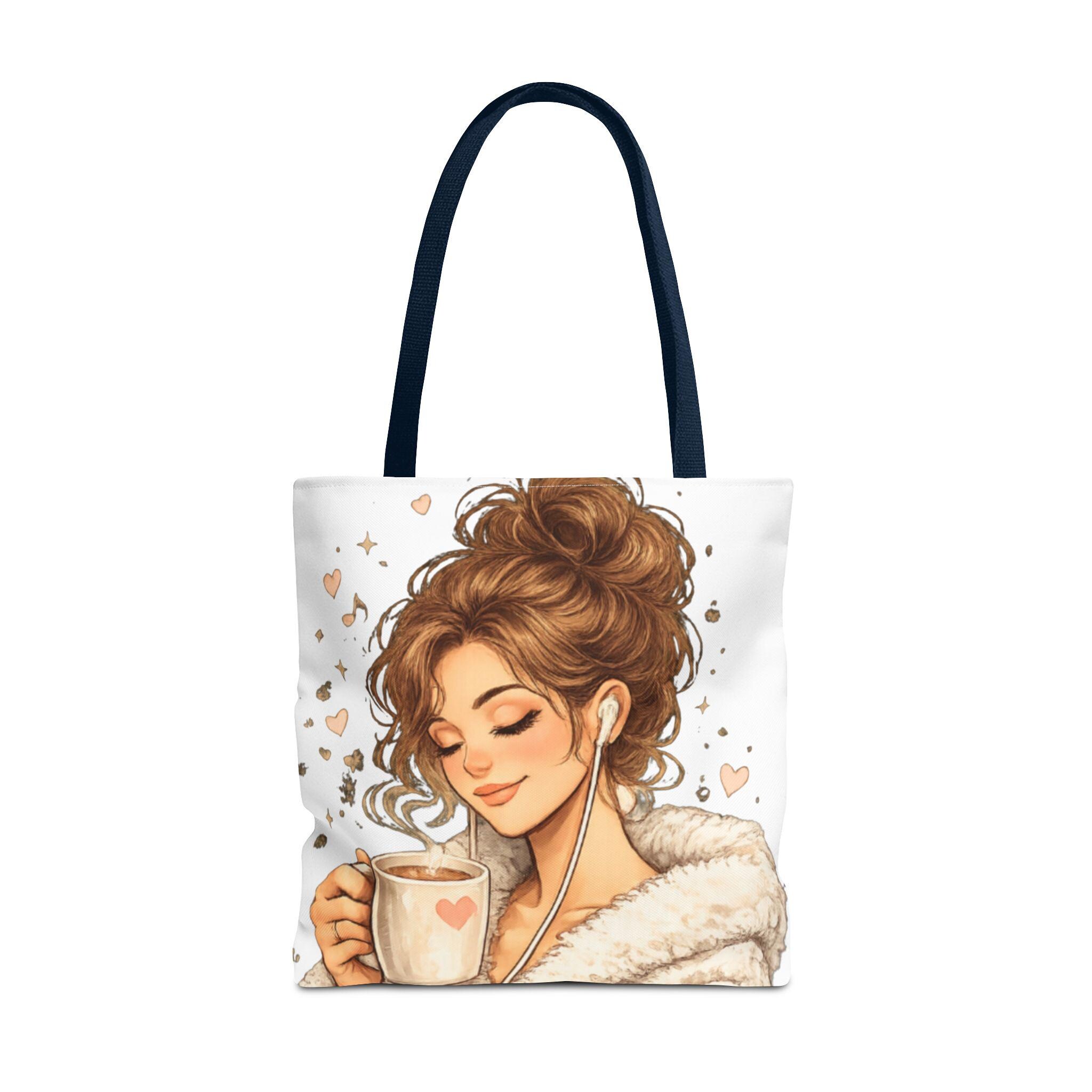 Cozy Coffee Lover Girl Tote Bag, Canvas Shoulder Sack, Heart Graphic Purse Carry all bag, product view 13