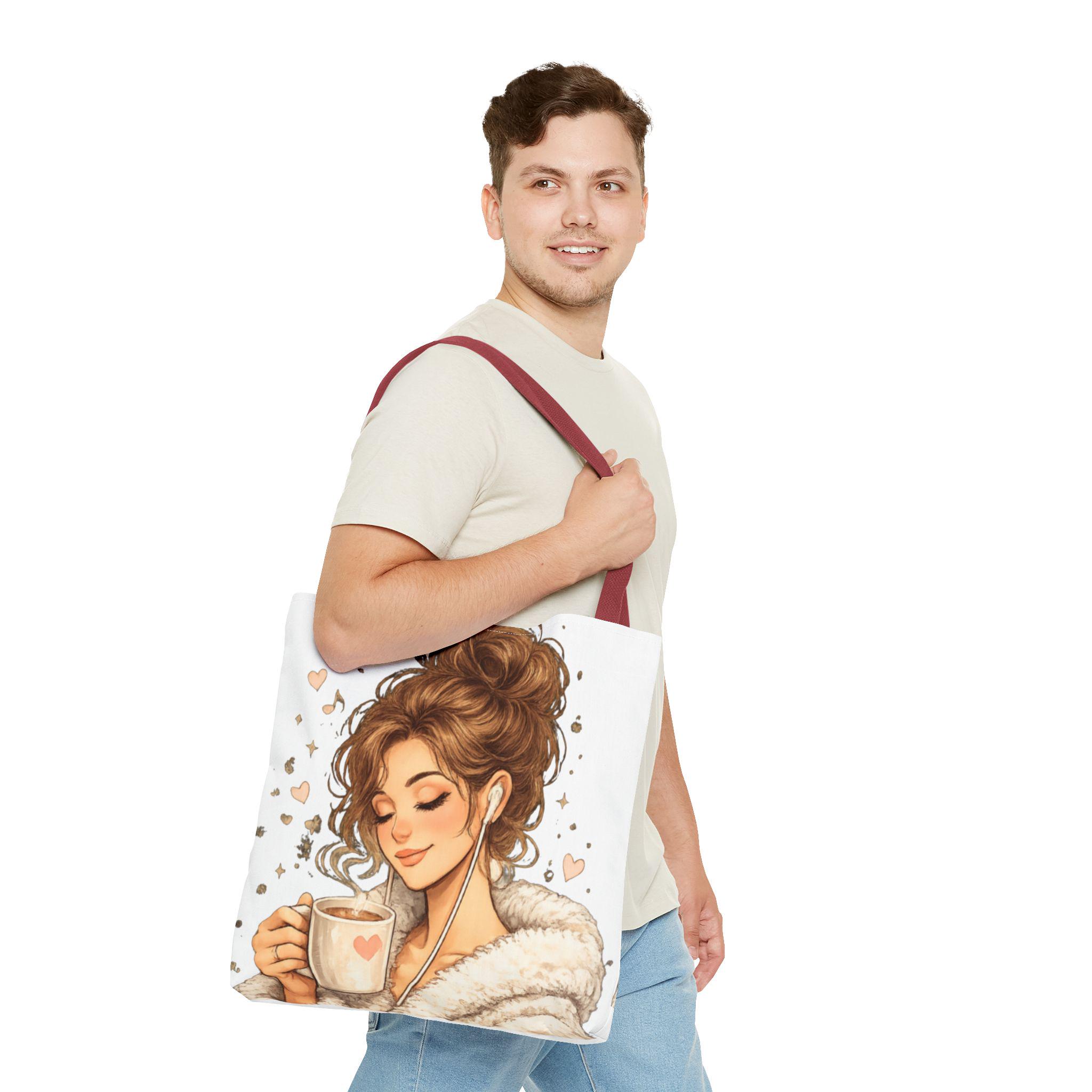 Cozy Coffee Lover Girl Tote Bag, Canvas Shoulder Sack, Heart Graphic Purse Carry all bag, product view 14