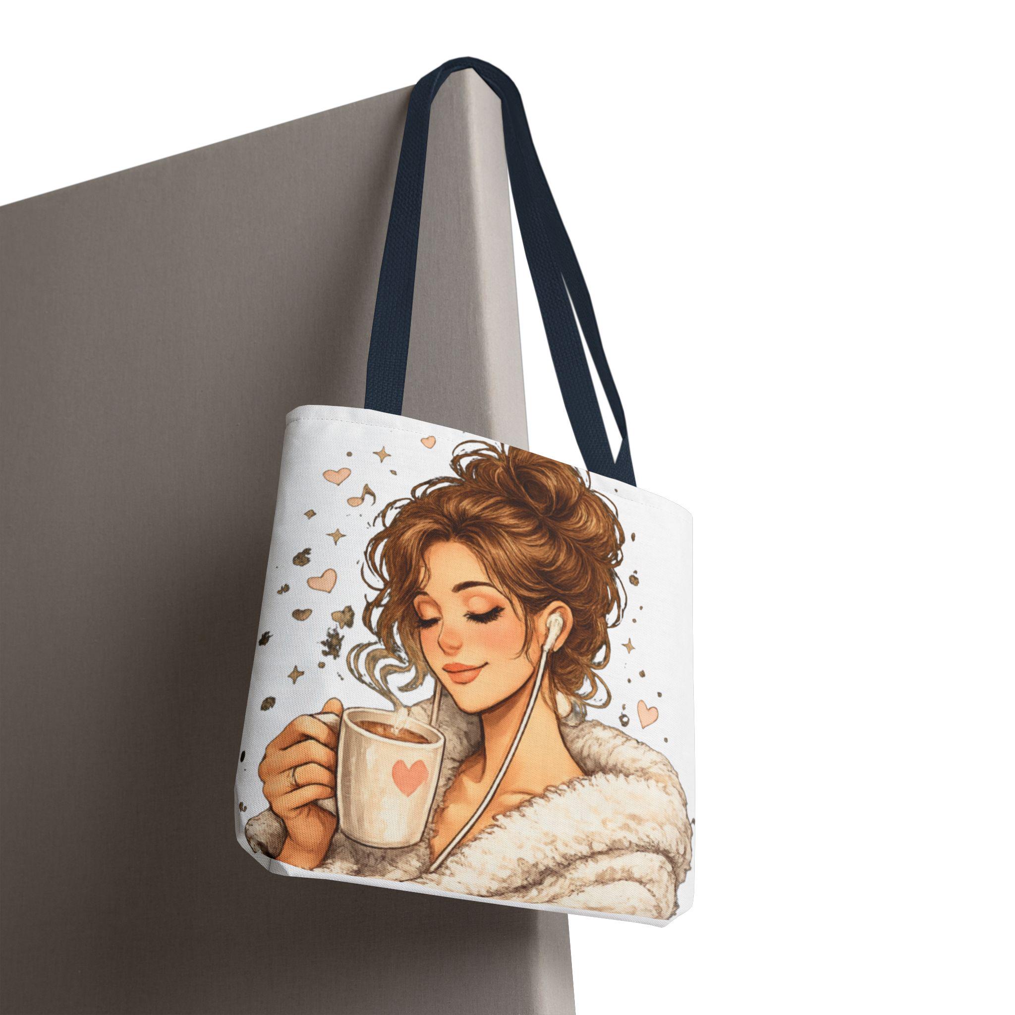 Cozy Coffee Lover Girl Tote Bag, Canvas Shoulder Sack, Heart Graphic Purse Carry all bag, product view 15