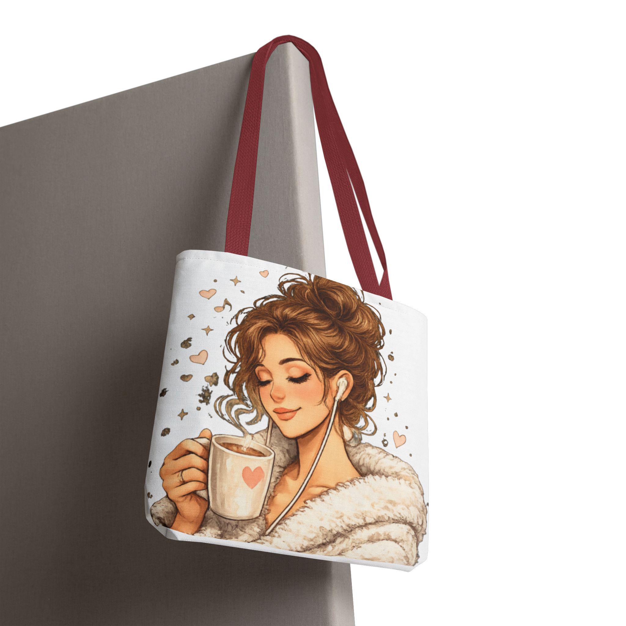 Cozy Coffee Lover Girl Tote Bag, Canvas Shoulder Sack, Heart Graphic Purse Carry all bag, product view 16