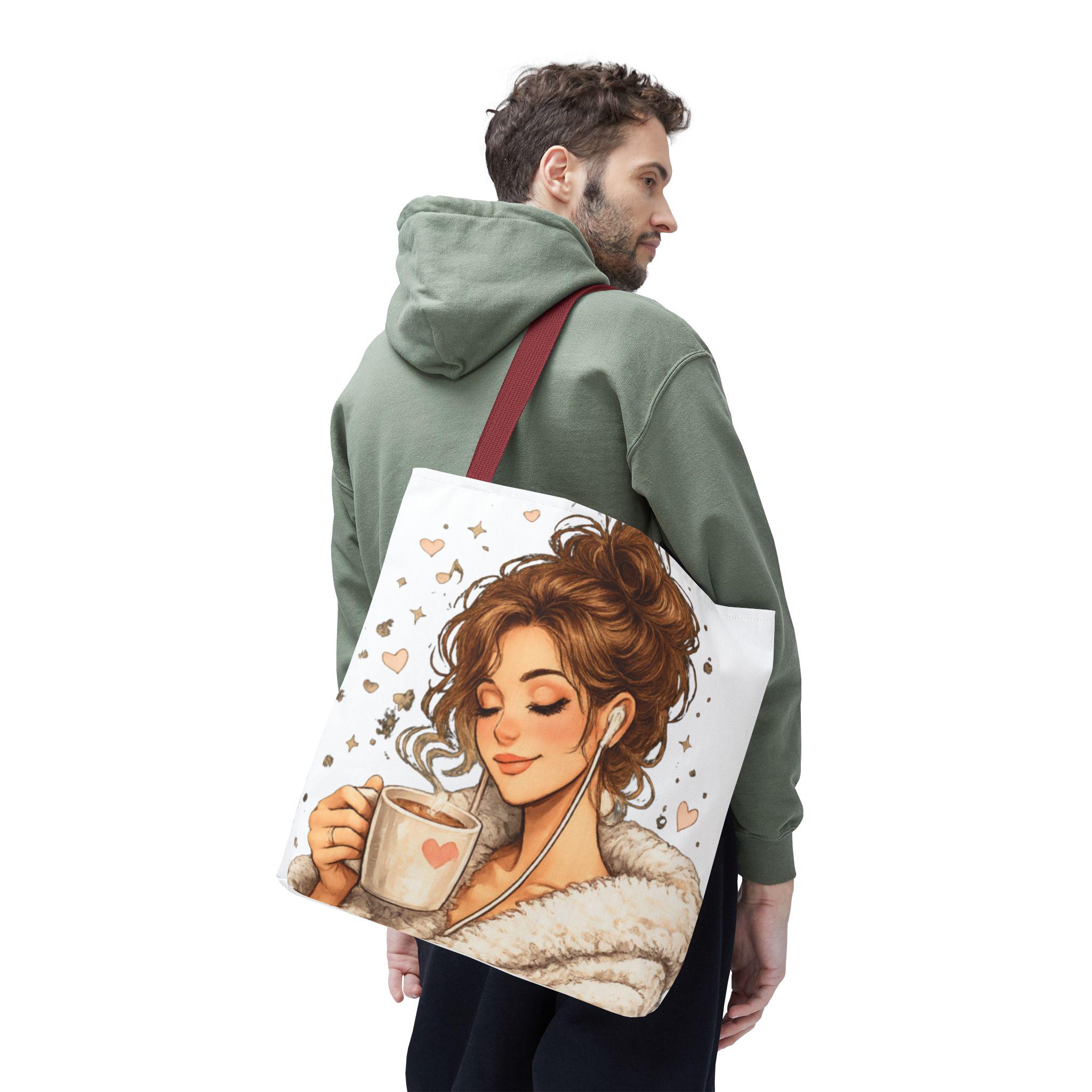 Cozy Coffee Lover Girl Tote Bag, Canvas Shoulder Sack, Heart Graphic Purse Carry all bag, product view 17