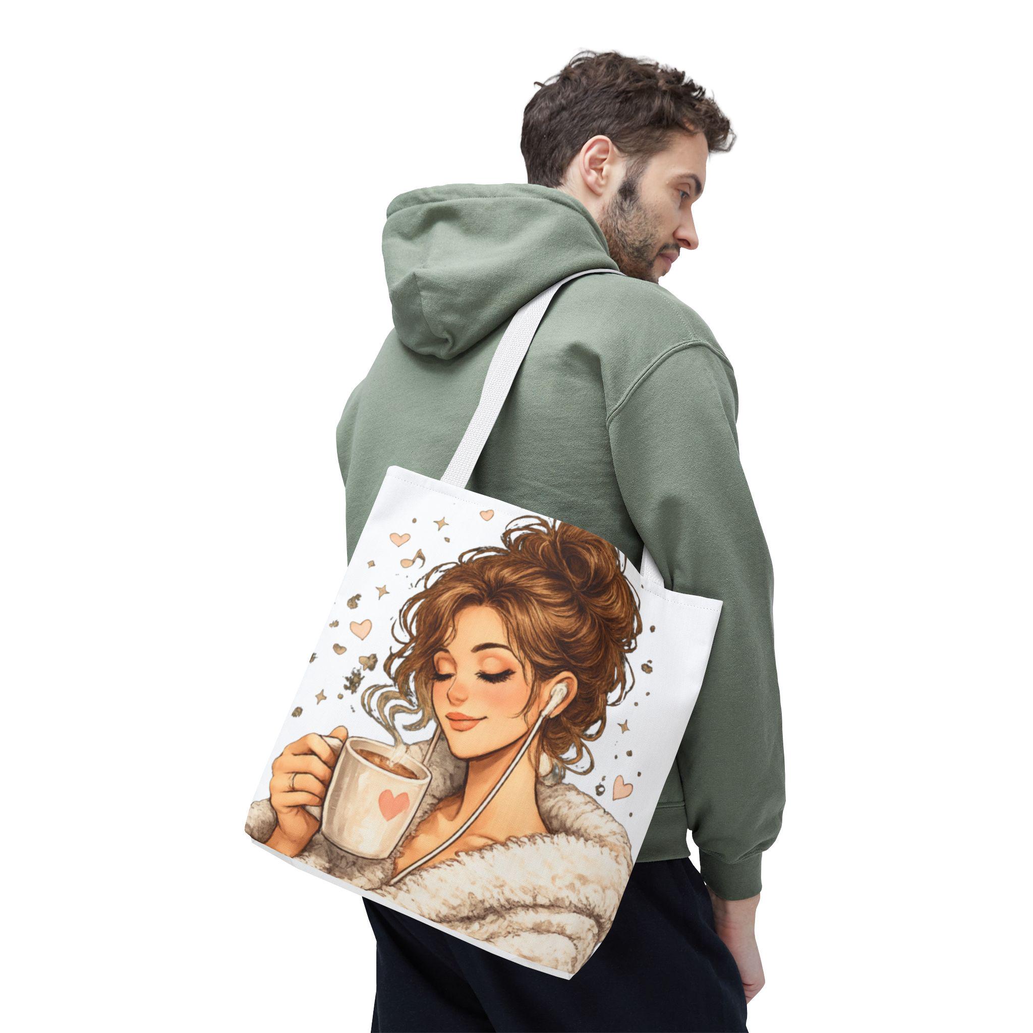 Cozy Coffee Lover Girl Tote Bag, Canvas Shoulder Sack, Heart Graphic Purse Carry all bag, product view 18