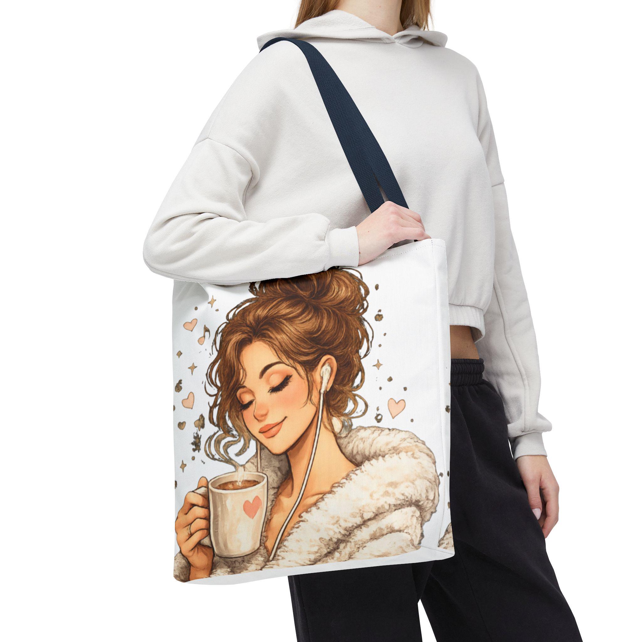 Cozy Coffee Lover Girl Tote Bag, Canvas Shoulder Sack, Heart Graphic Purse Carry all bag, product view 20