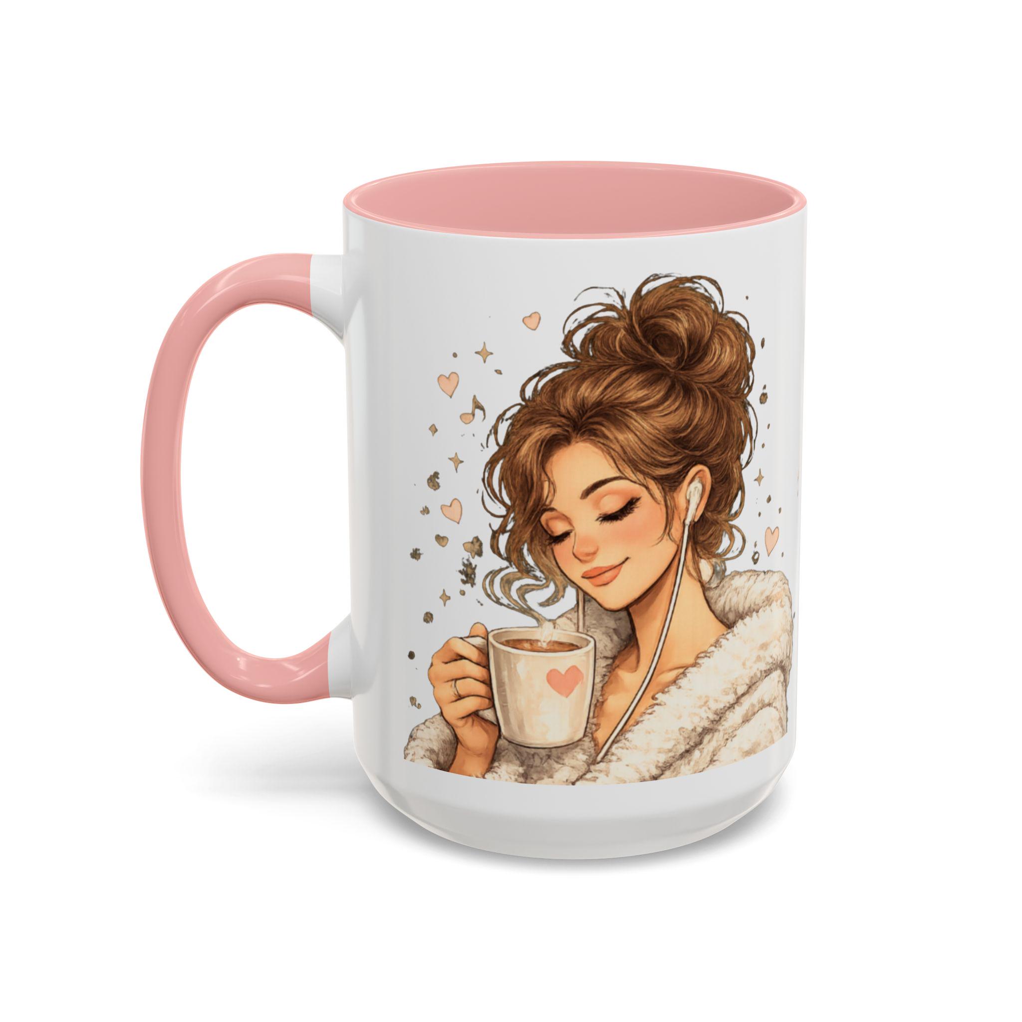 Cozy Girl Ceramic Coffee Mug, Pink Accent, Self Care Tea Cup, 11 or 15oz
