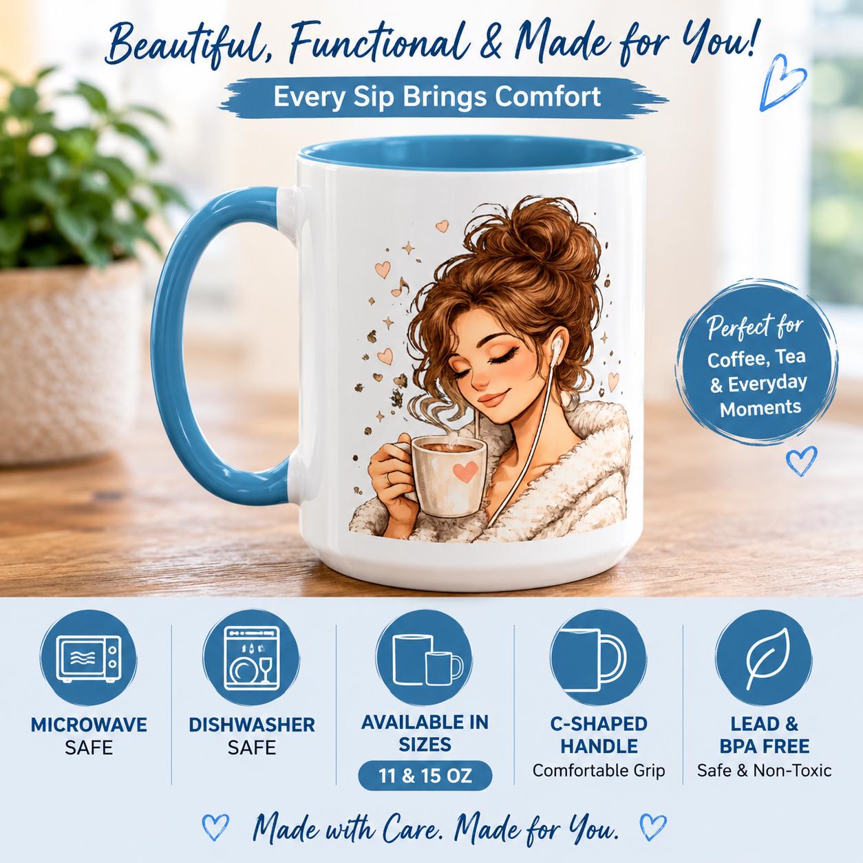 Cozy Girl Ceramic Coffee Mug, Pink Accent, Self Care Tea Cup, 11 or 15oz, product view 15