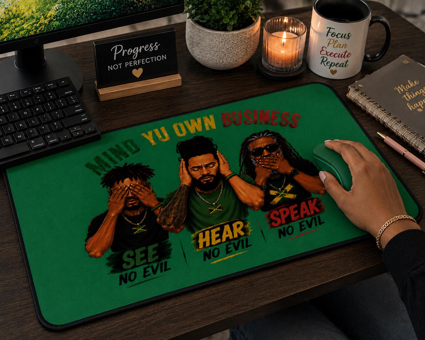 Mind Yu Own Business Mouse Mat, See Hear Speak No Evil Gaming Mouse Pad, Large Keyboard Mat, Reggae Workspace Decor., product view 2