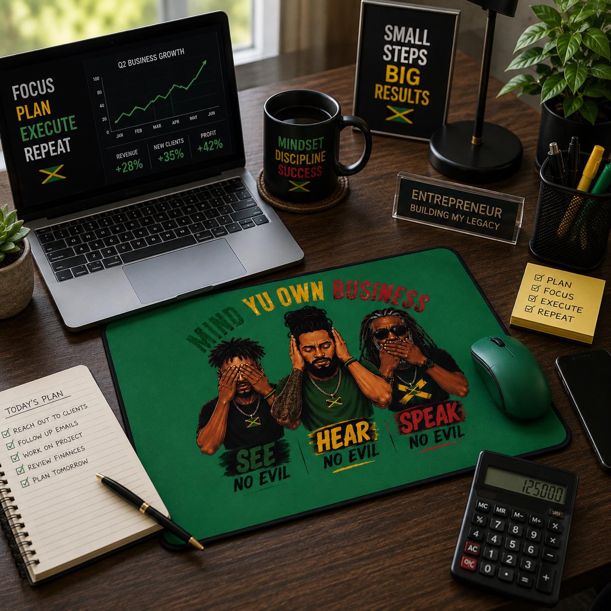 Mind Yu Own Business Mouse Mat, See Hear Speak No Evil Gaming Mouse Pad, Large Keyboard Mat, Reggae Workspace Decor., product view 3