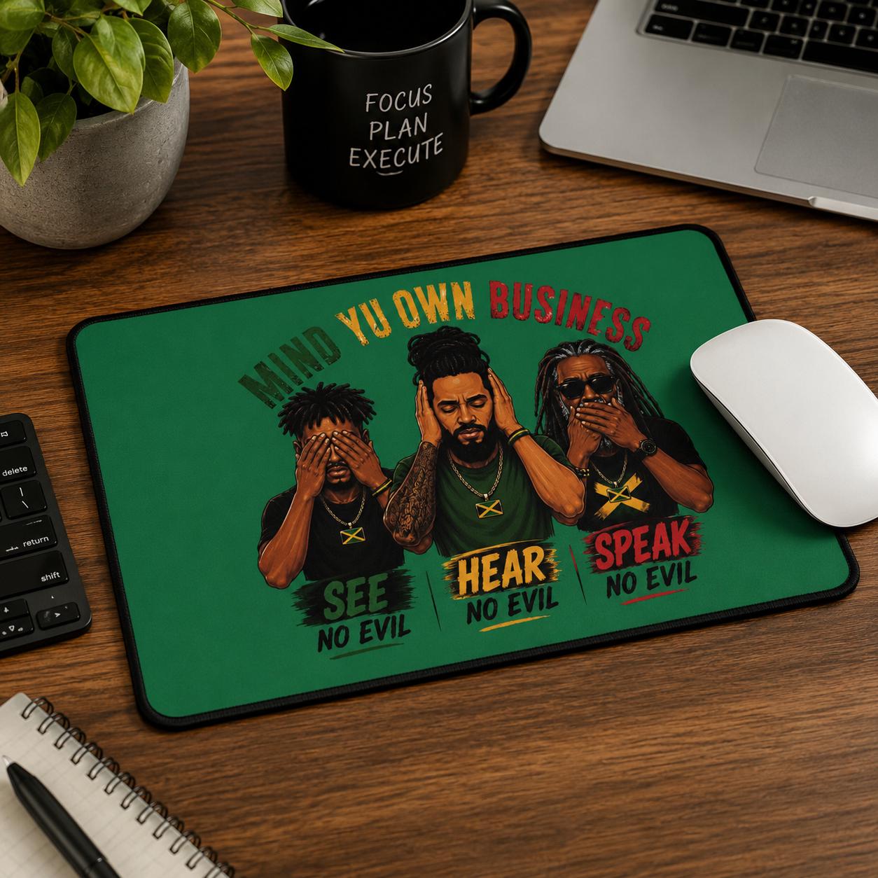 Mind Yu Own Business Mouse Mat, See Hear Speak No Evil Gaming Mouse Pad, Large Keyboard Mat, Reggae Workspace Decor., product view 4