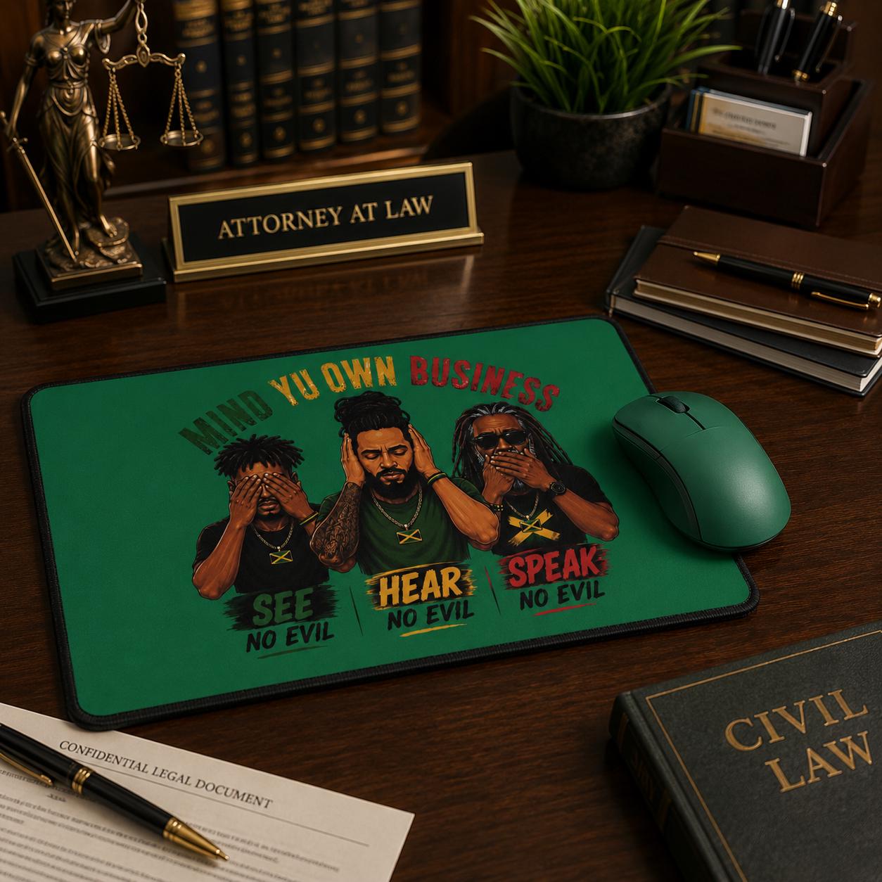 Mind Yu Own Business Mouse Mat, See Hear Speak No Evil Gaming Mouse Pad, Large Keyboard Mat, Reggae Workspace Decor., product view 5