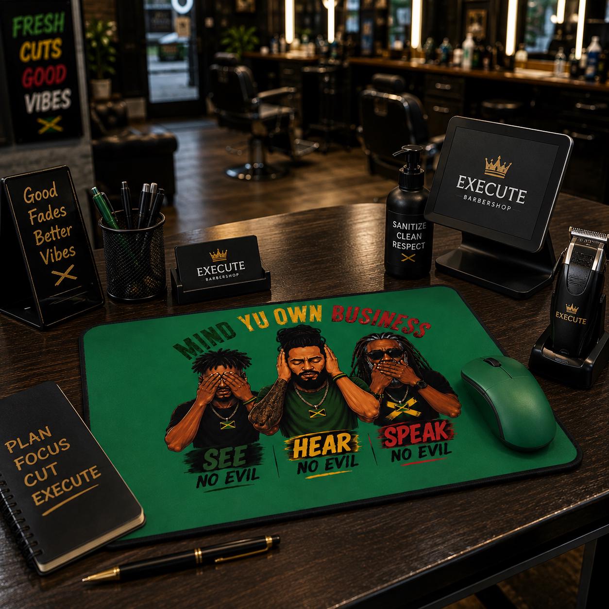 Mind Yu Own Business Mouse Mat, See Hear Speak No Evil Gaming Mouse Pad, Large Keyboard Mat, Reggae Workspace Decor., product view 6
