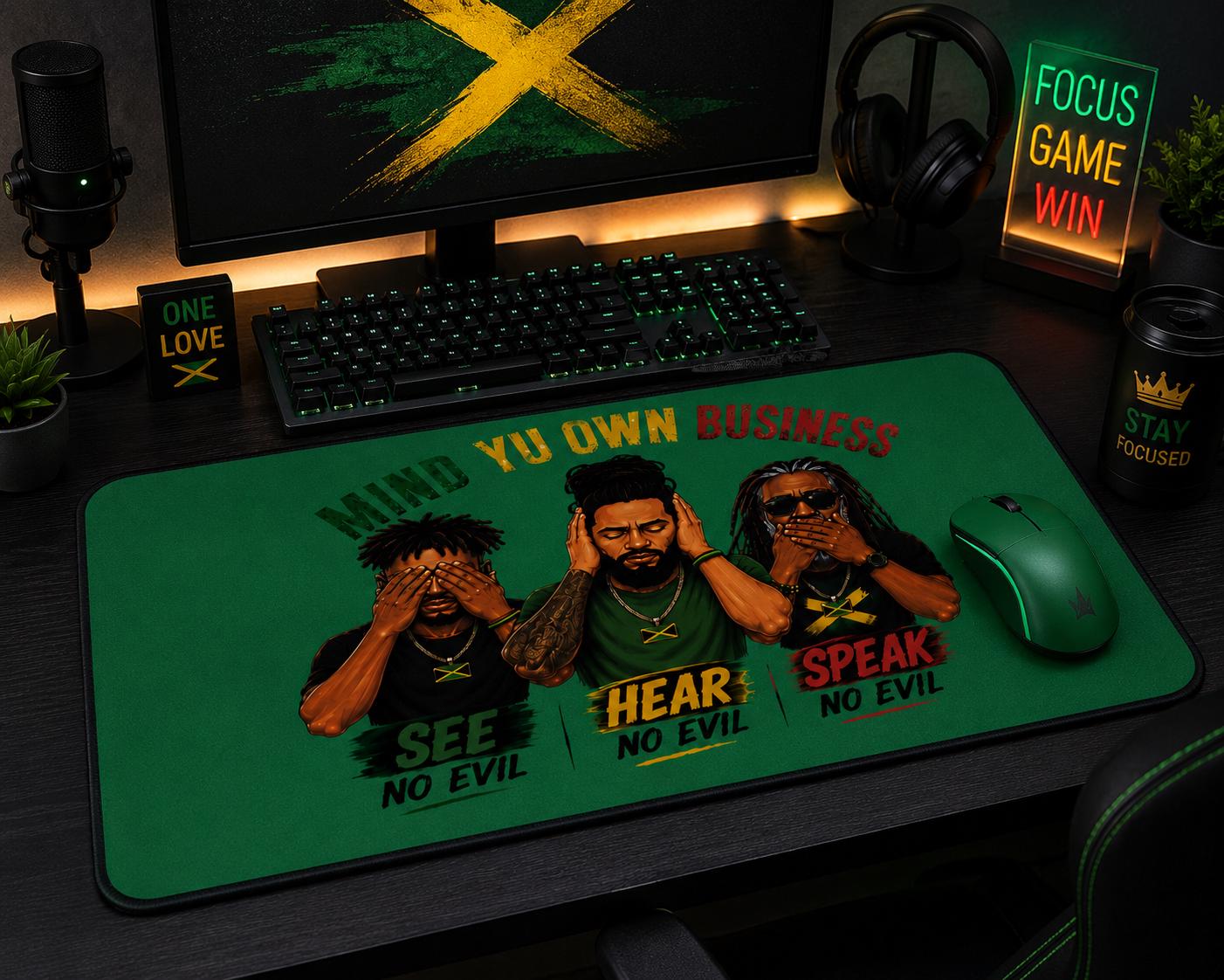 Mind Yu Own Business Mouse Mat, See Hear Speak No Evil Gaming Mouse Pad, Large Keyboard Mat, Reggae Workspace Decor., product view 7