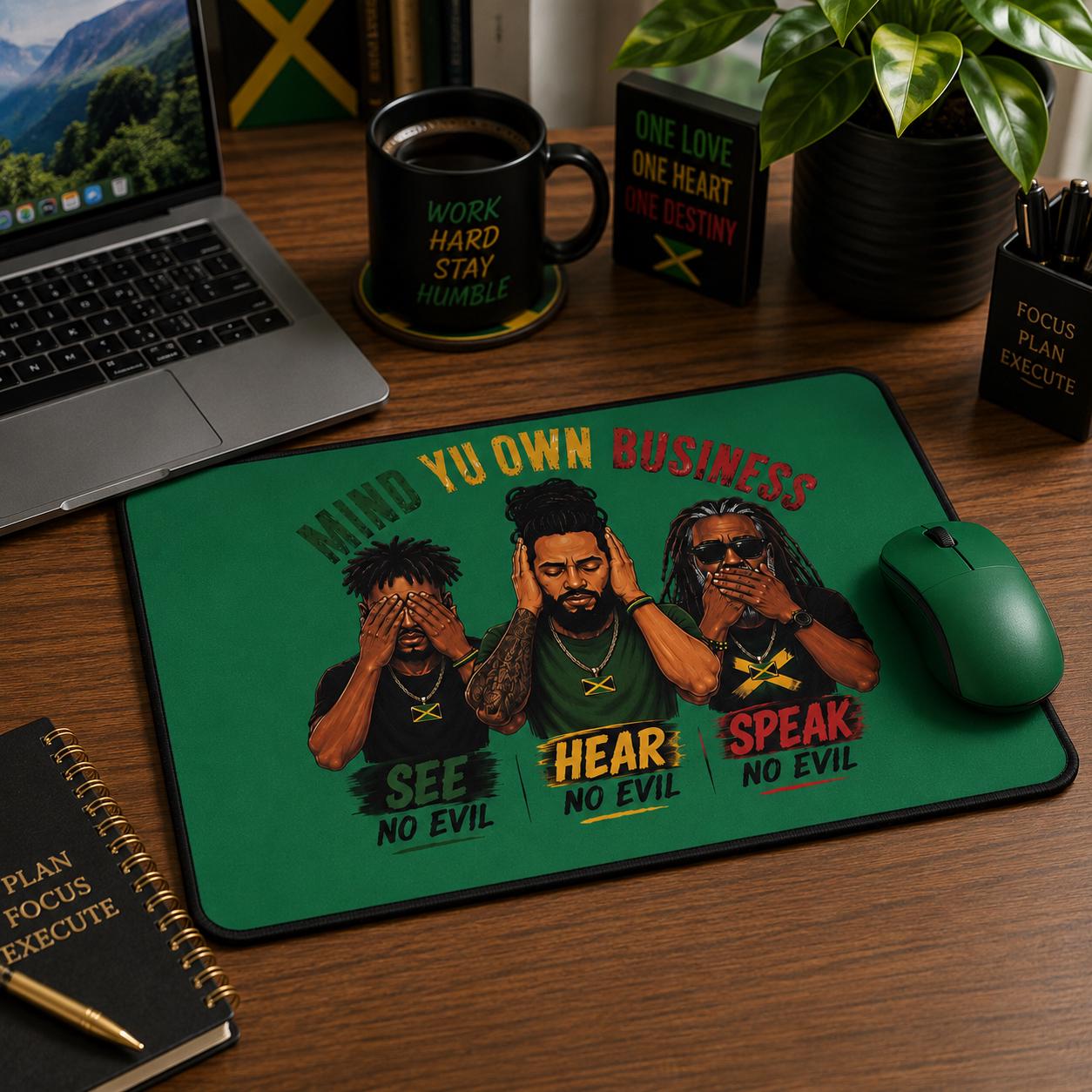 Mind Yu Own Business Mouse Mat, See Hear Speak No Evil Gaming Mouse Pad, Large Keyboard Mat, Reggae Workspace Decor., product view 8