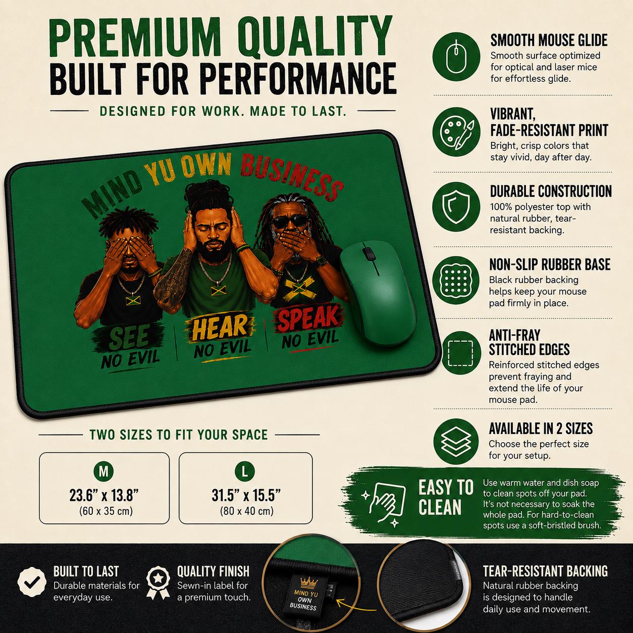Mind Yu Own Business Mouse Mat, See Hear Speak No Evil Gaming Mouse Pad, Large Keyboard Mat, Reggae Workspace Decor., product view 9